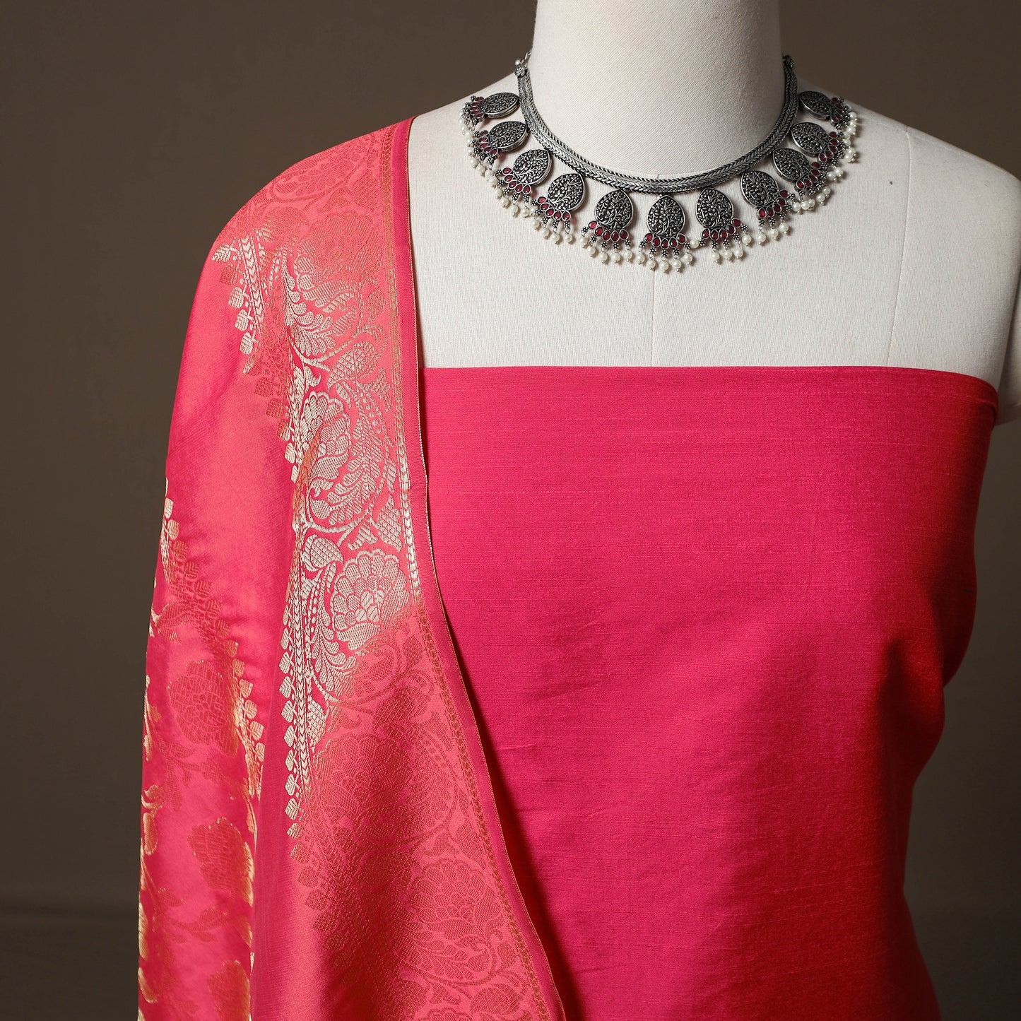 Plain Slub Silk 2pc Unstitched Dress Material Kurta Set with Earrings 10