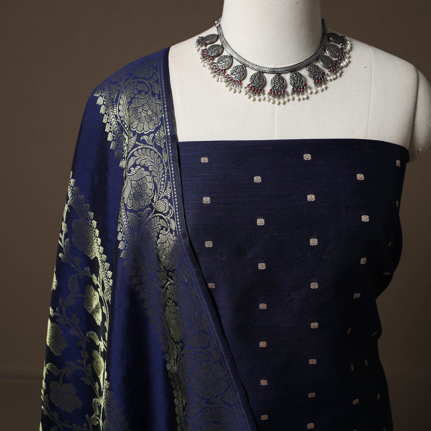 Spun Dupion Viscose Silk Buti 2pc Unstitched Dress Material Kurta Set with Earrings 04