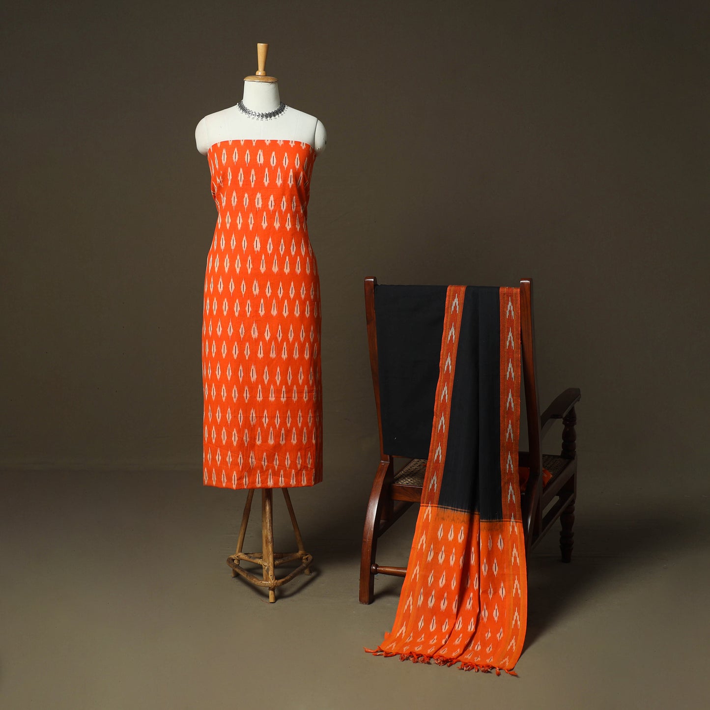Orange - Pochampally Ikat Weave 3pc Cotton Unstitched Dress Material Suit Set 88