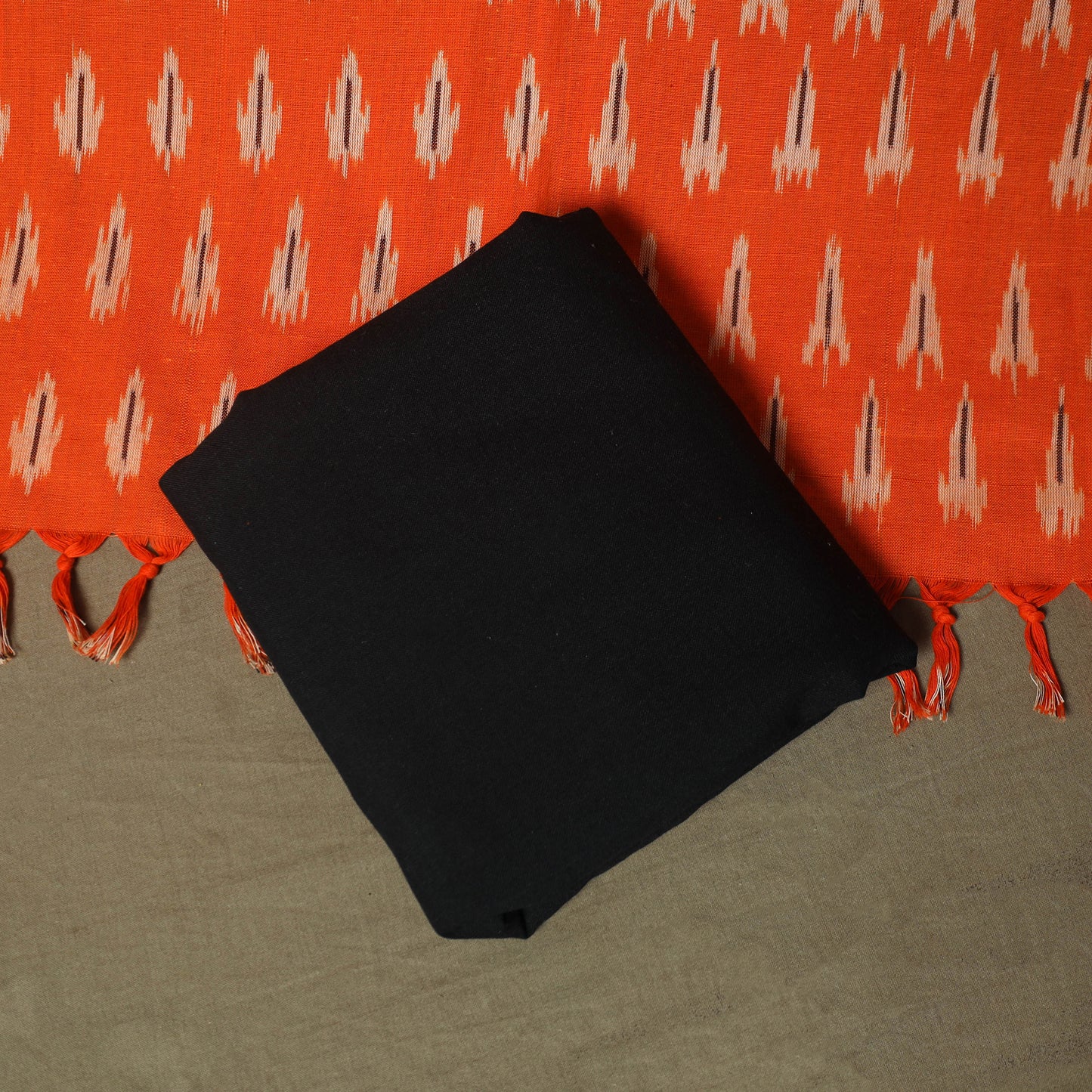 Orange - Pochampally Ikat Weave 3pc Cotton Unstitched Dress Material Suit Set 88