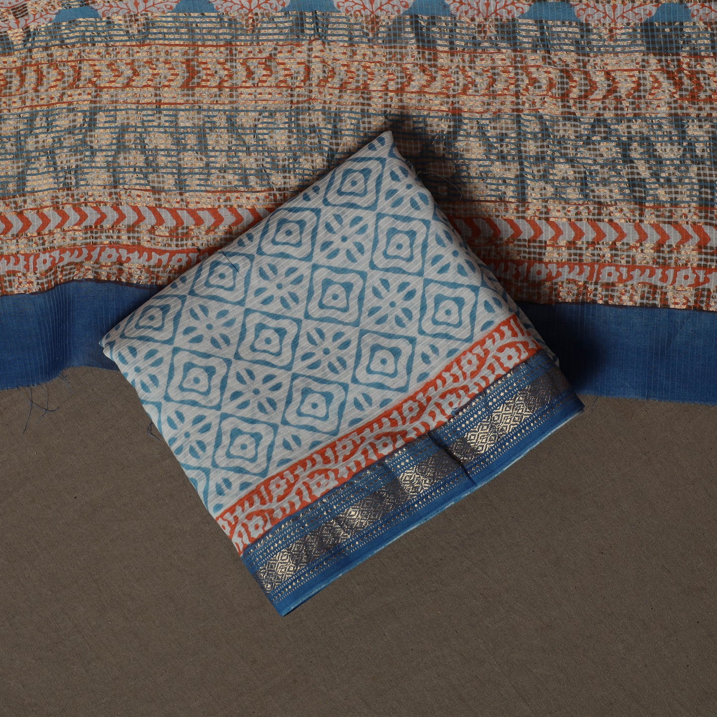 Bagh Hand Block Print Natural Dyed Maheshwari Silk 3pc Unstitched Dress Material Suit Set 18