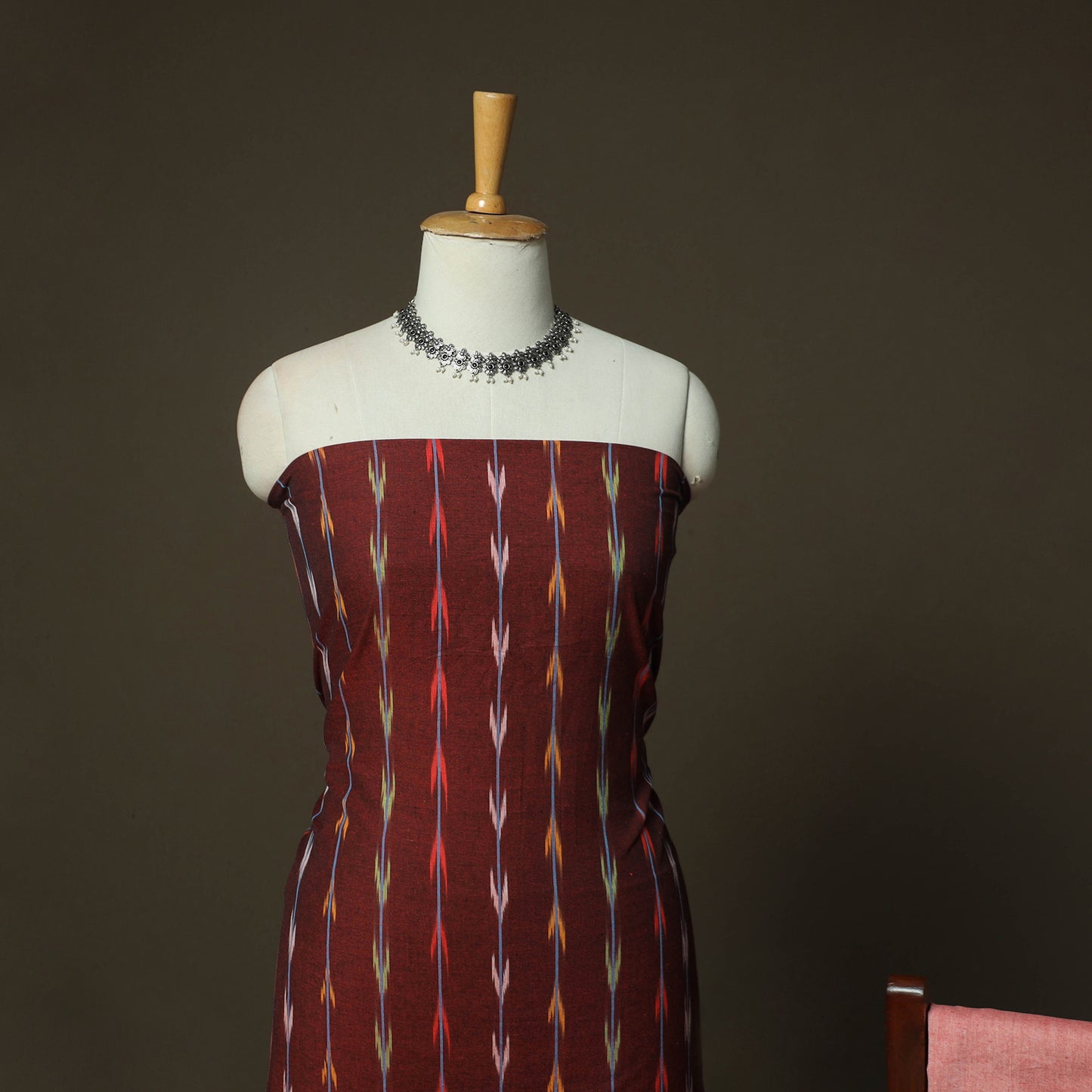 Maroon - Pochampally Ikat Weave Cotton 3pc Unstitched Dress Material Suit Set 01
