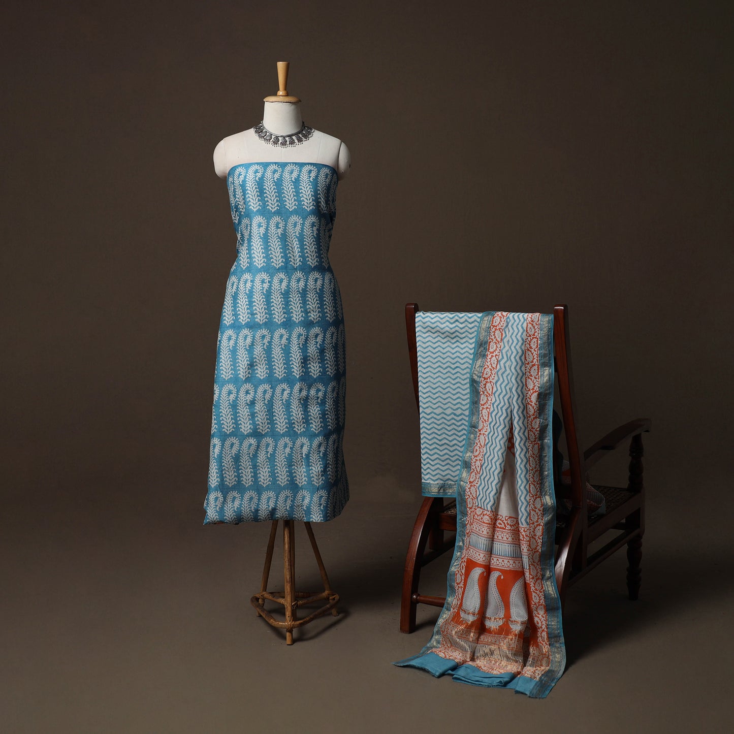 Bagh Hand Block Print Natural Dyed Maheshwari Silk 3pc Unstitched Dress Material Suit Set 01