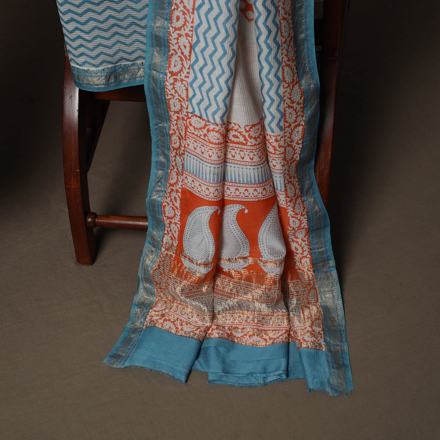 Bagh Hand Block Print Natural Dyed Maheshwari Silk 3pc Unstitched Dress Material Suit Set 01