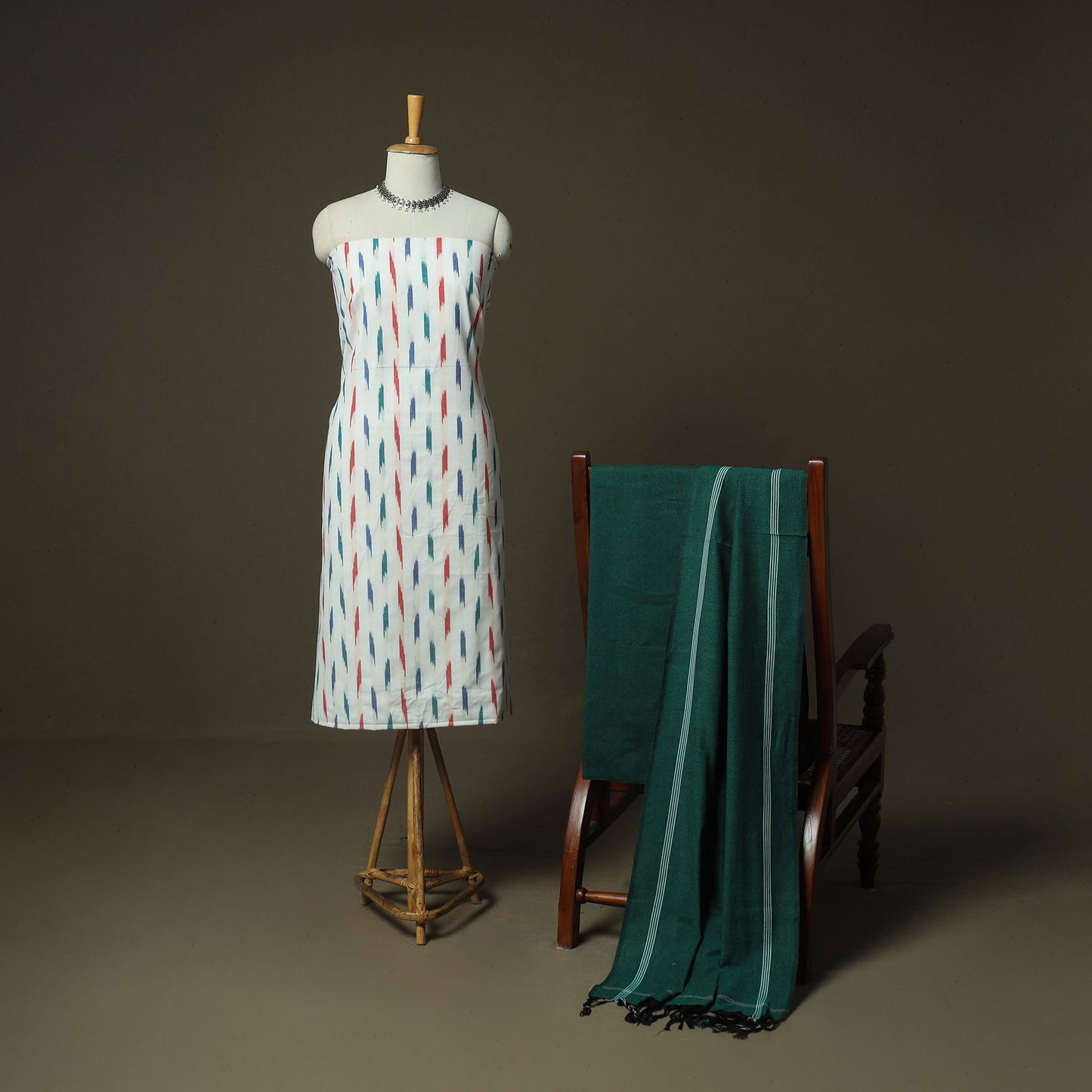 white - Pochampally Ikat Weave Cotton 3pc Unstitched Dress Material Suit Set 04