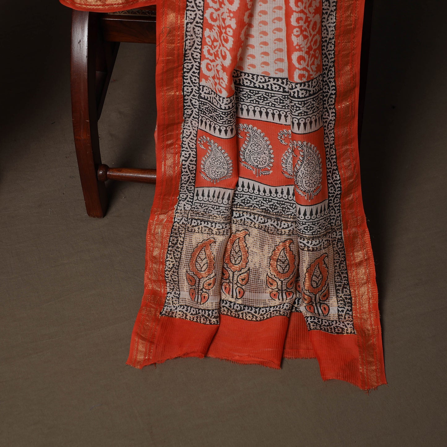 Bagh Hand Block Print Natural Dyed Maheshwari Silk 3pc Unstitched Dress Material Suit Set 04