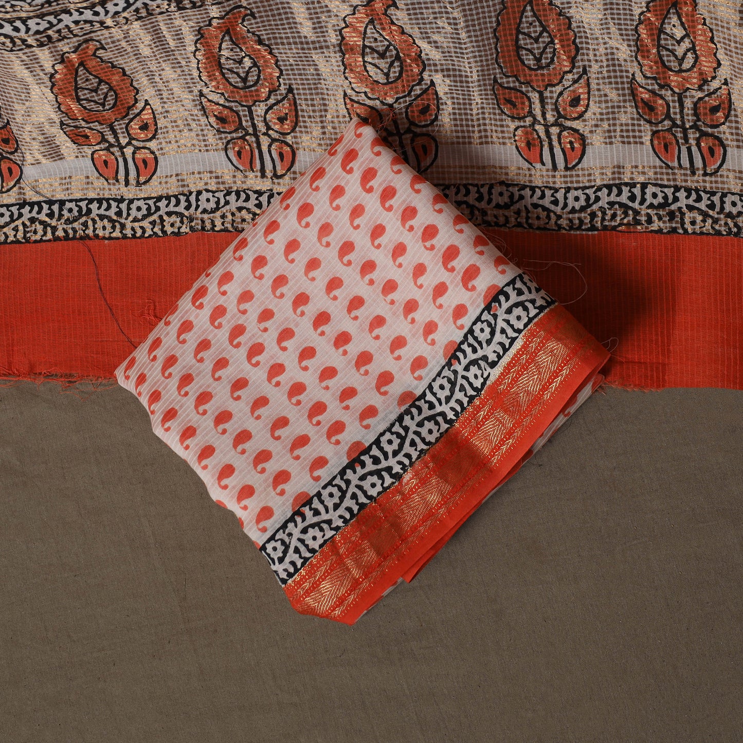Bagh Hand Block Print Natural Dyed Maheshwari Silk 3pc Unstitched Dress Material Suit Set 04