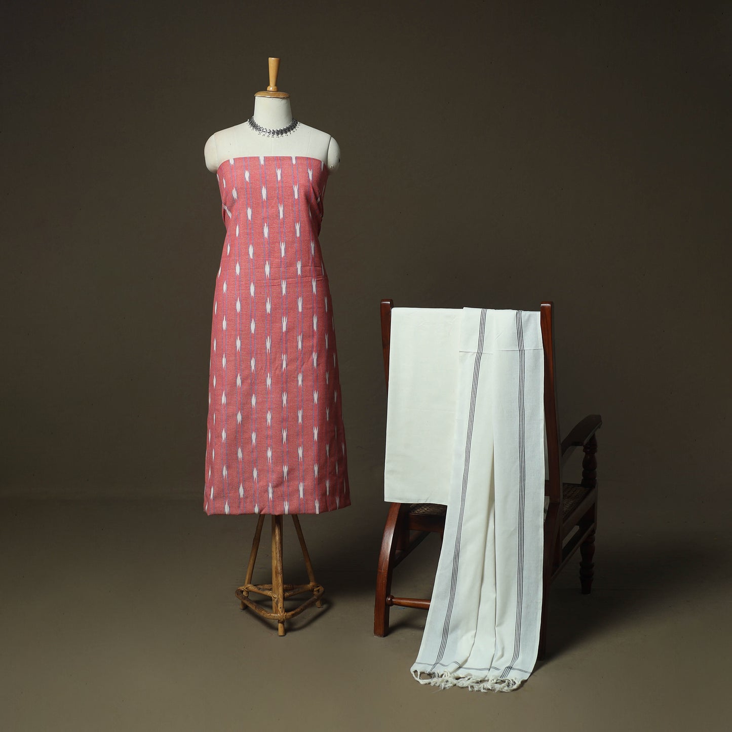 Peach - Pink - Pochampally Ikat Weave Cotton 3pc Unstitched Dress Material Suit Set 06