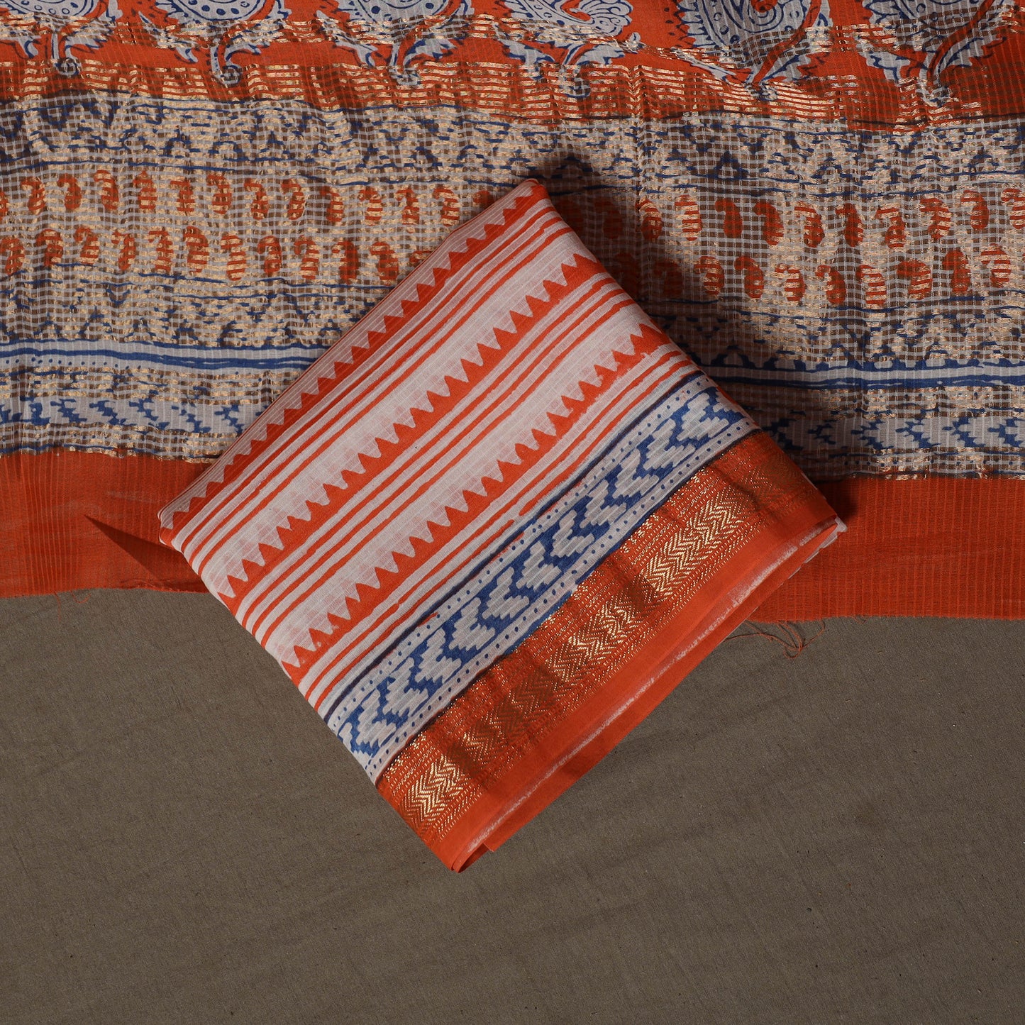 Bagh Hand Block Print Natural Dyed Maheshwari Silk 3pc Unstitched Dress Material Suit Set 05