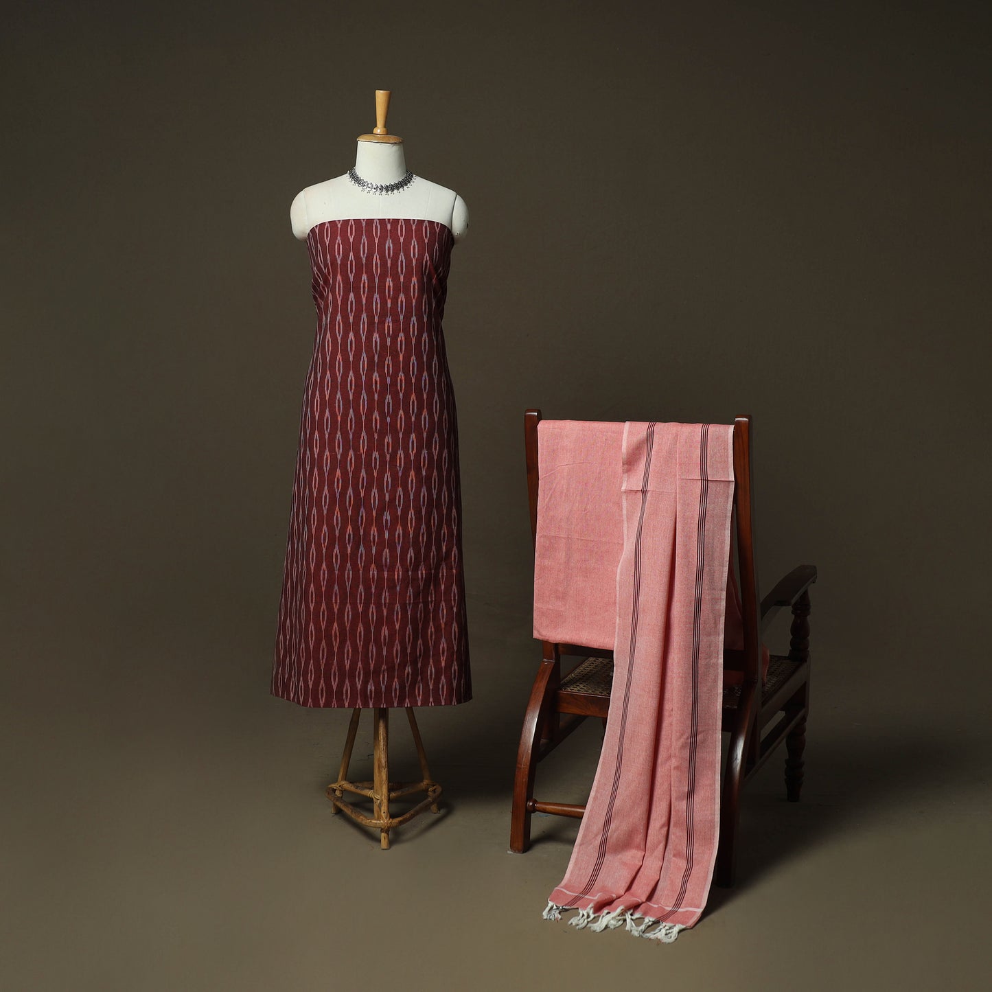 Maroon - Pochampally Ikat Weave Cotton 3pc Unstitched Dress Material Suit Set 08