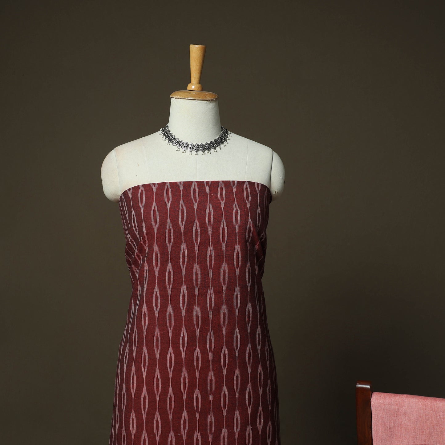 Maroon - Pochampally Ikat Weave Cotton 3pc Unstitched Dress Material Suit Set 08