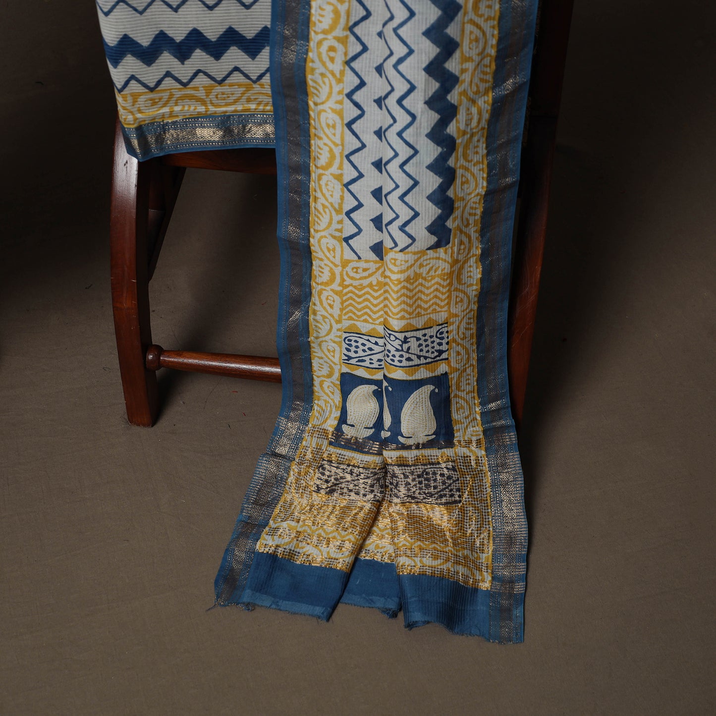 Bagh Hand Block Print Natural Dyed Maheshwari Silk 3pc Unstitched Dress Material Suit Set 09