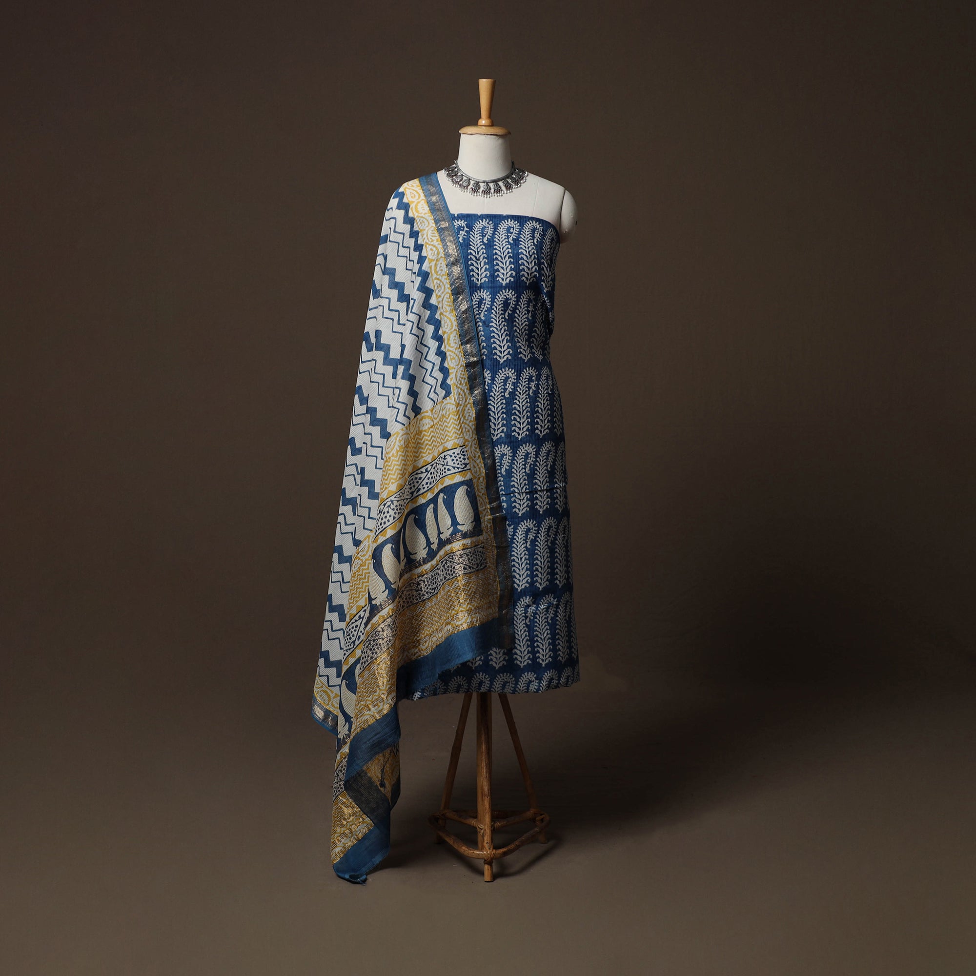 Blue Bagh Hand Block Print Natural Dyed Maheshwari Silk 3pc Unstitched Dress Material Suit Set