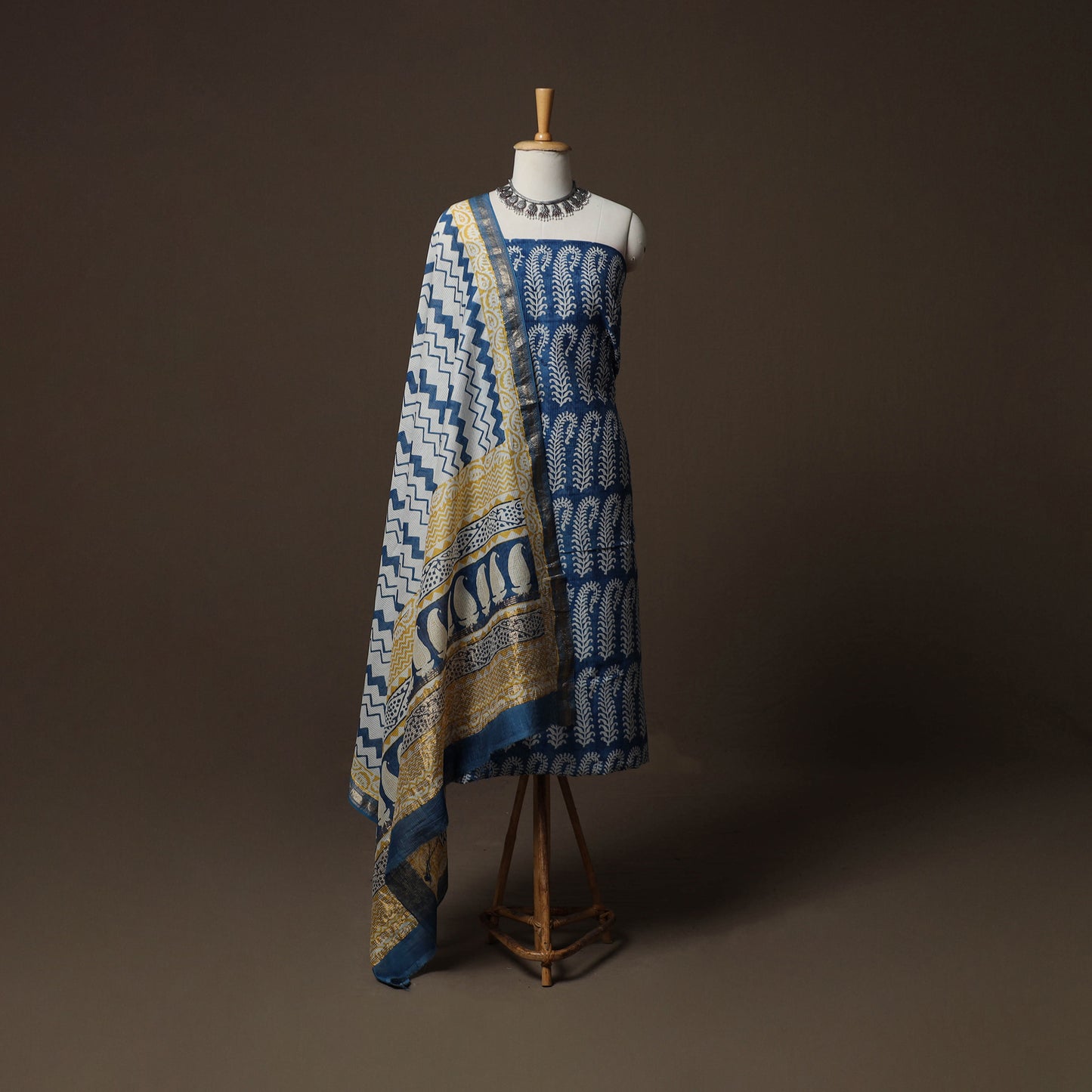 Bagh Hand Block Print Natural Dyed Maheshwari Silk 3pc Unstitched Dress Material Suit Set 09
