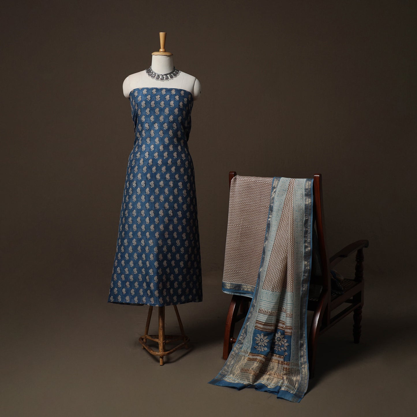 Bagh Hand Block Print Natural Dyed Maheshwari Silk 3pc Unstitched Dress Material Suit Set 10
