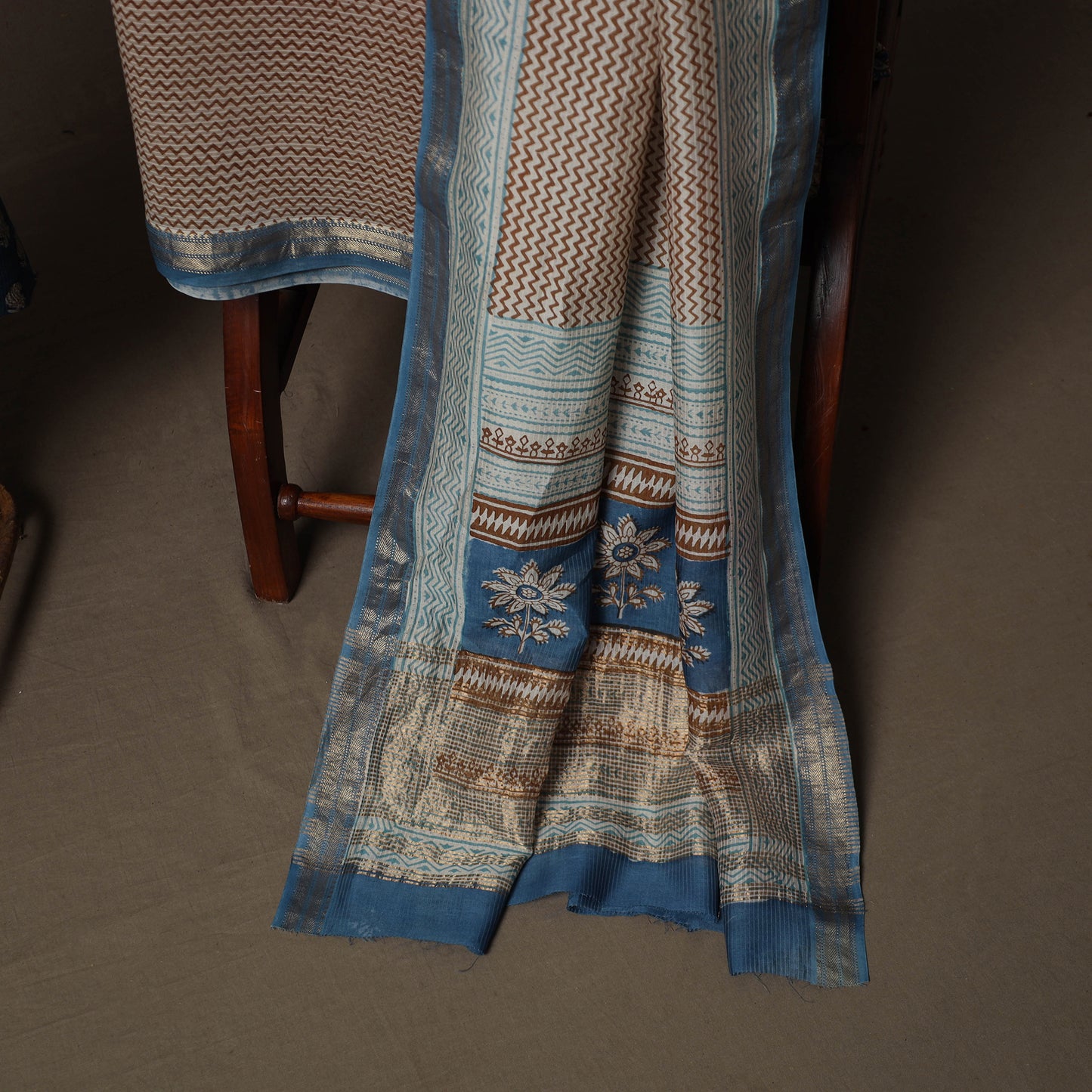 Bagh Hand Block Print Natural Dyed Maheshwari Silk 3pc Unstitched Dress Material Suit Set 10