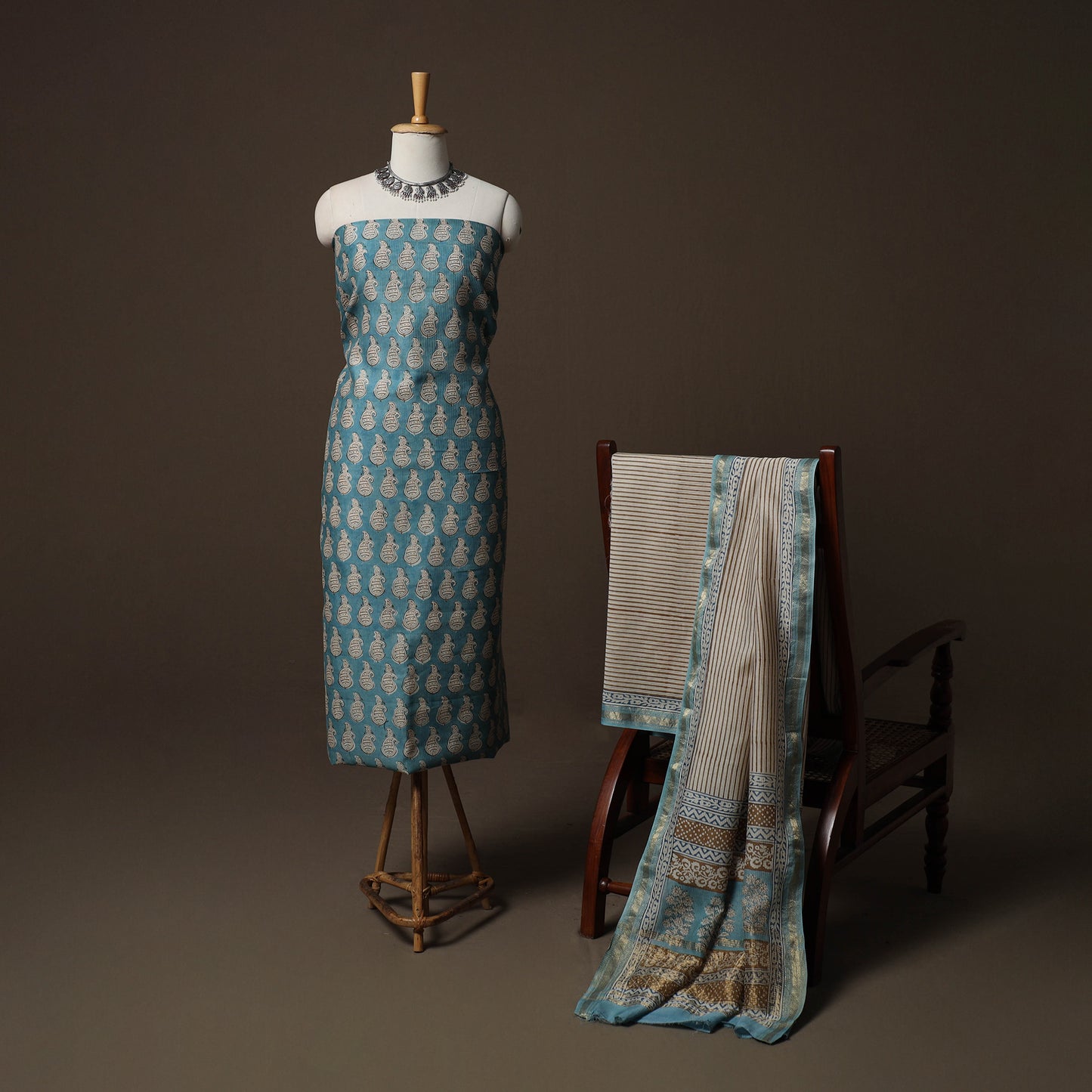 Bagh Hand Block Print Natural Dyed Maheshwari Silk 3pc Unstitched Dress Material Suit Set 11