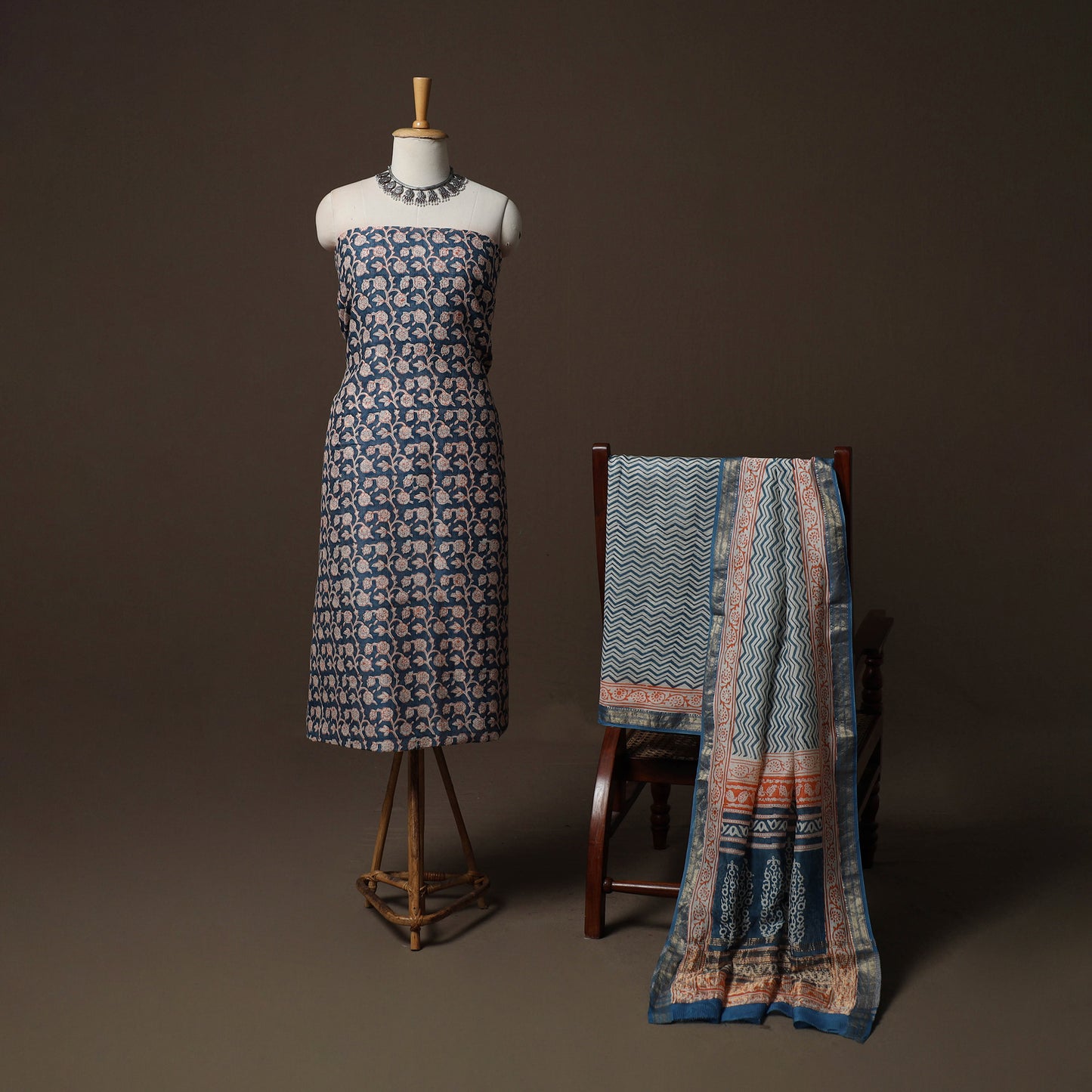 Bagh Hand Block Print Natural Dyed Maheshwari Silk 3pc Unstitched Dress Material Suit Set 14