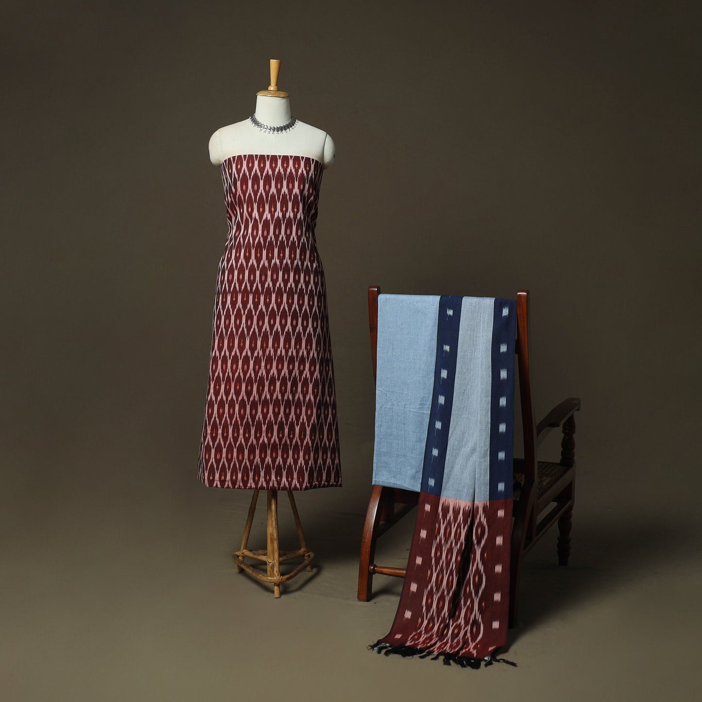 Brown - Pochampally Ikat Weave Cotton 3pc Unstitched Dress Material Suit Set 14