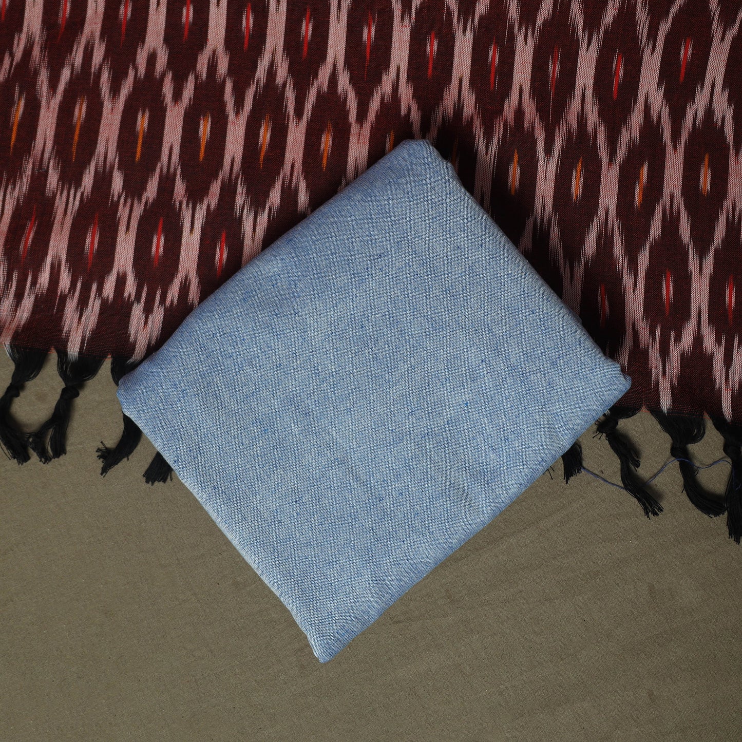 Brown - Pochampally Ikat Weave Cotton 3pc Unstitched Dress Material Suit Set 14
