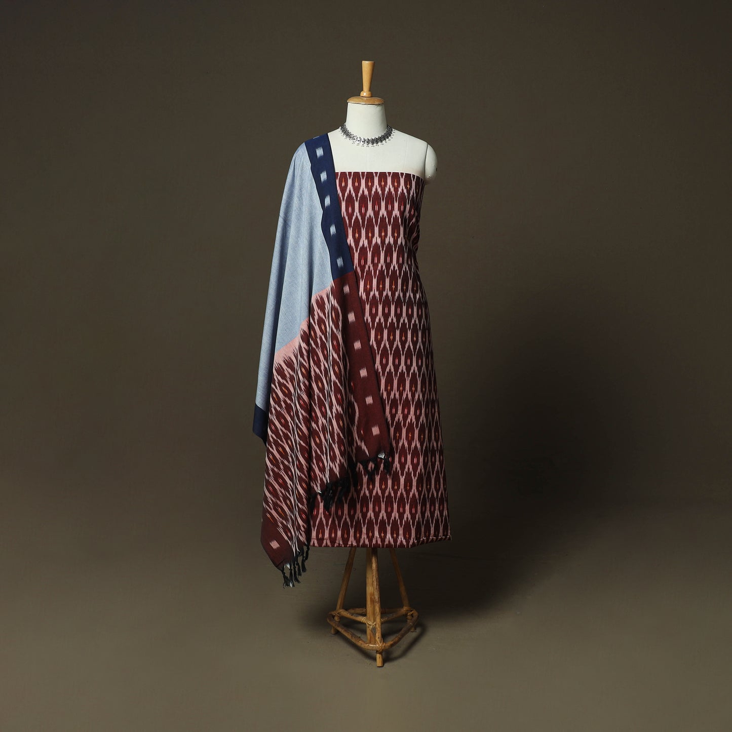 Brown - Pochampally Ikat Weave Cotton 3pc Unstitched Dress Material Suit Set 14