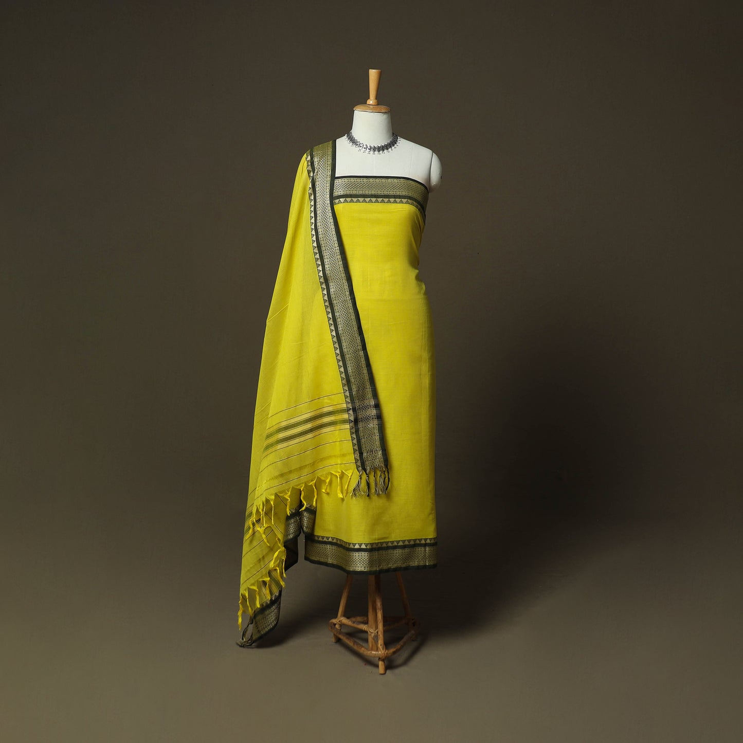Yellow - Dharwad Woven Mercerised Cotton 3pc Unstitched Dress Material Suit Set 02