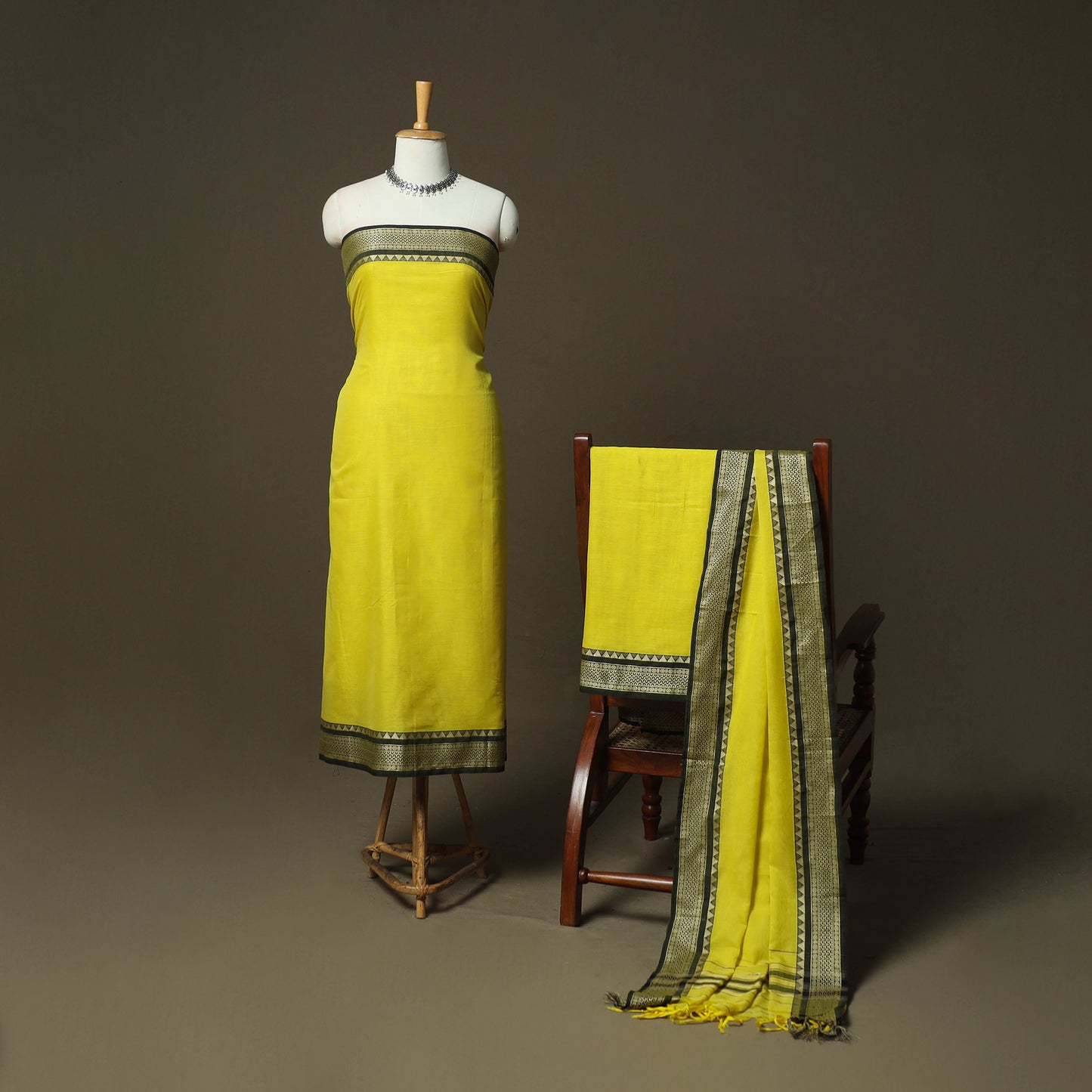 Yellow - Dharwad Woven Mercerised Cotton 3pc Unstitched Dress Material Suit Set 02