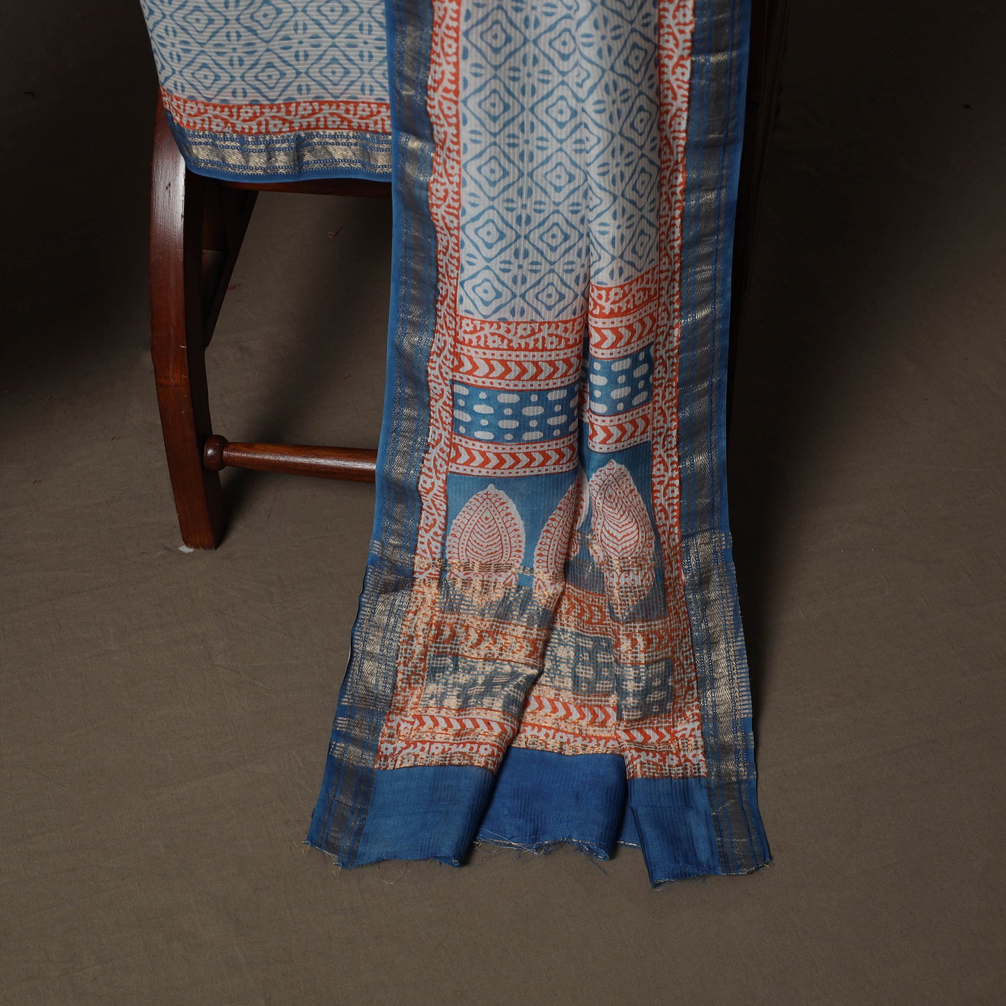 Bagh Hand Block Print Natural Dyed Maheshwari Silk 3pc Unstitched Dress Material Suit Set 19