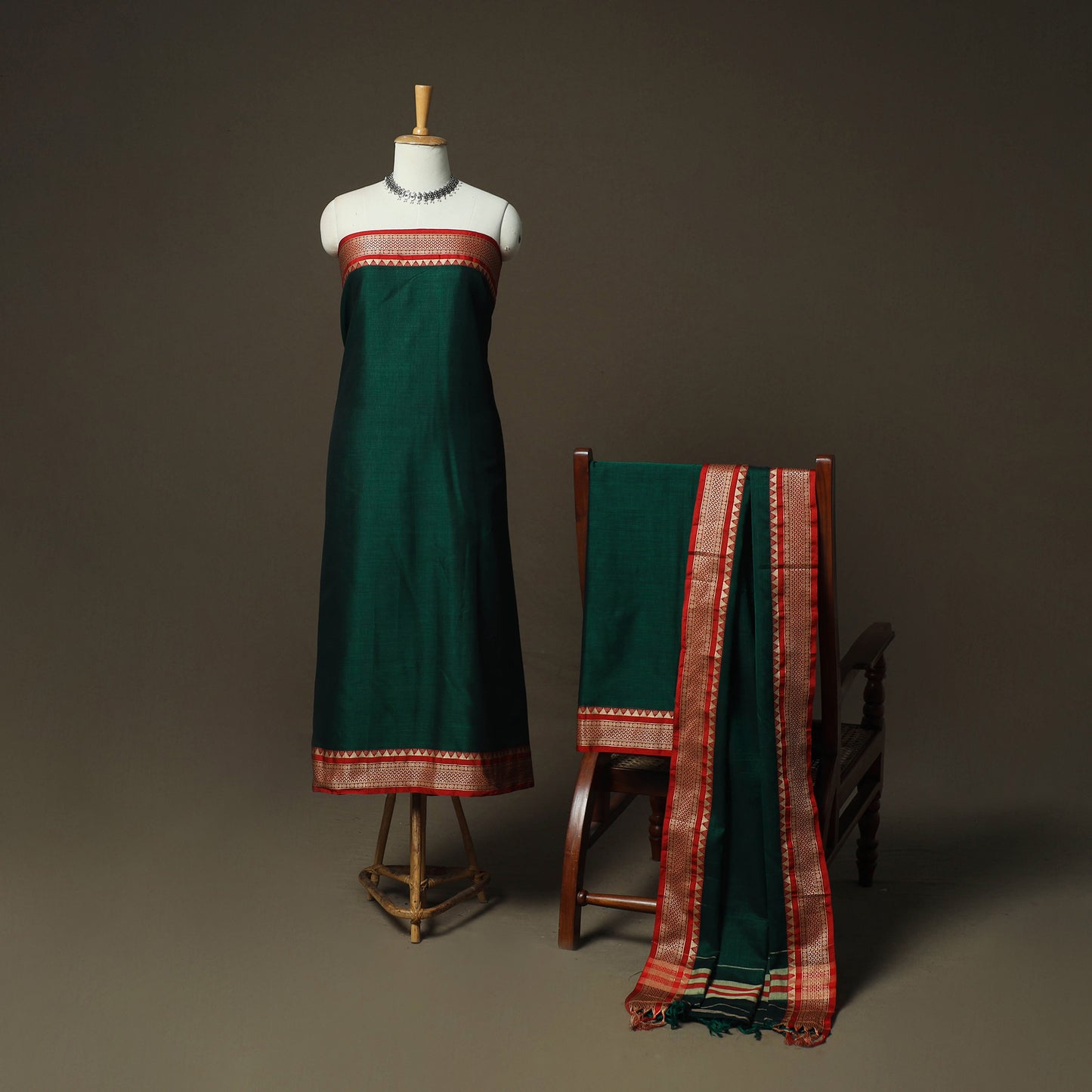 Green - Dharwad Woven Mercerised Cotton 3pc Unstitched Dress Material Suit Set 03