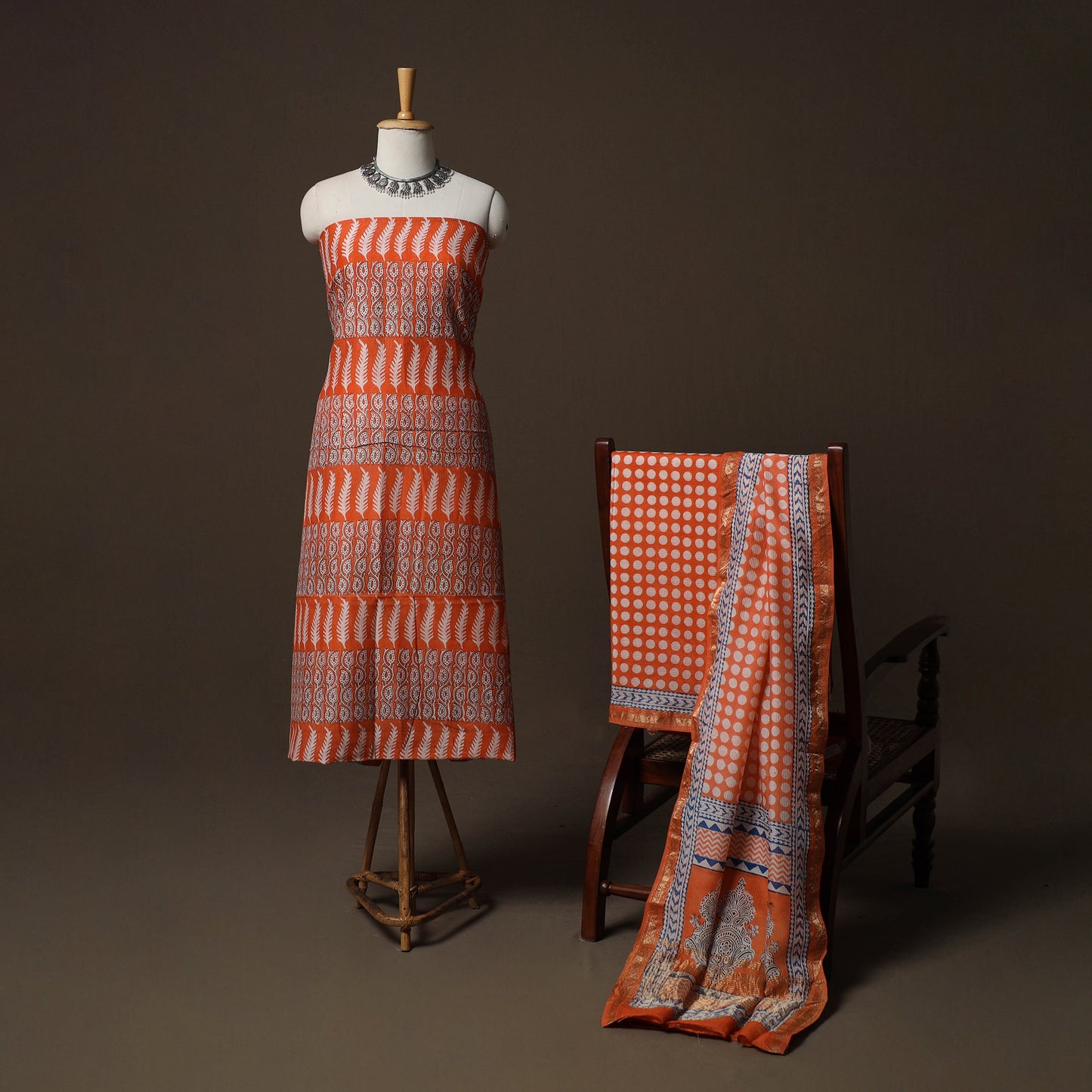 Bagh Hand Block Print Natural Dyed Maheshwari Silk 3pc Unstitched Dress Material Suit Set 20