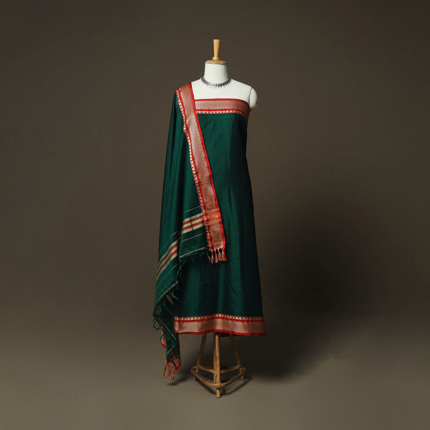 Green - Dharwad Woven Mercerised Cotton 3pc Unstitched Dress Material Suit Set 03