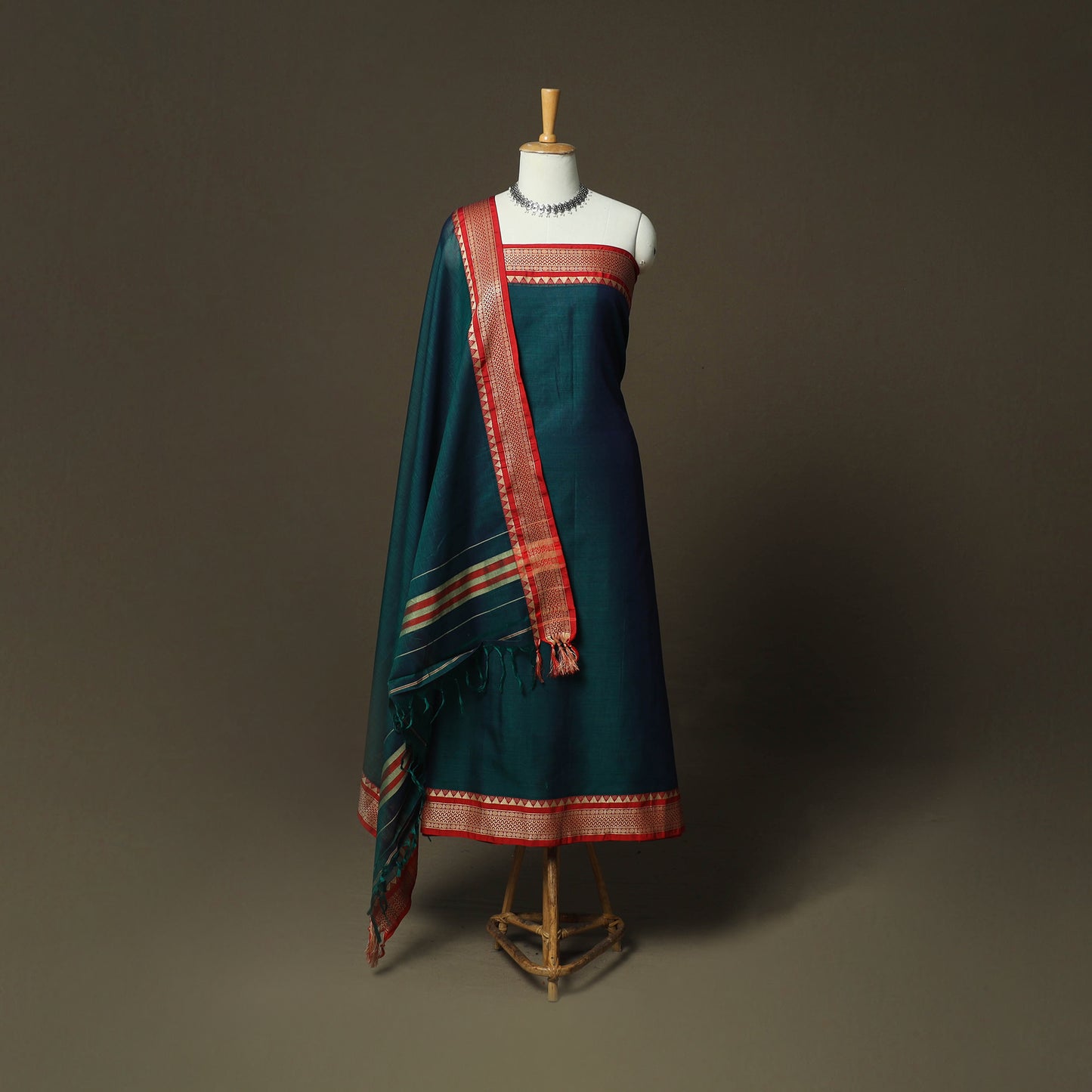 Green - Dharwad Woven Mercerised Cotton 3pc Unstitched Dress Material Suit Set 08