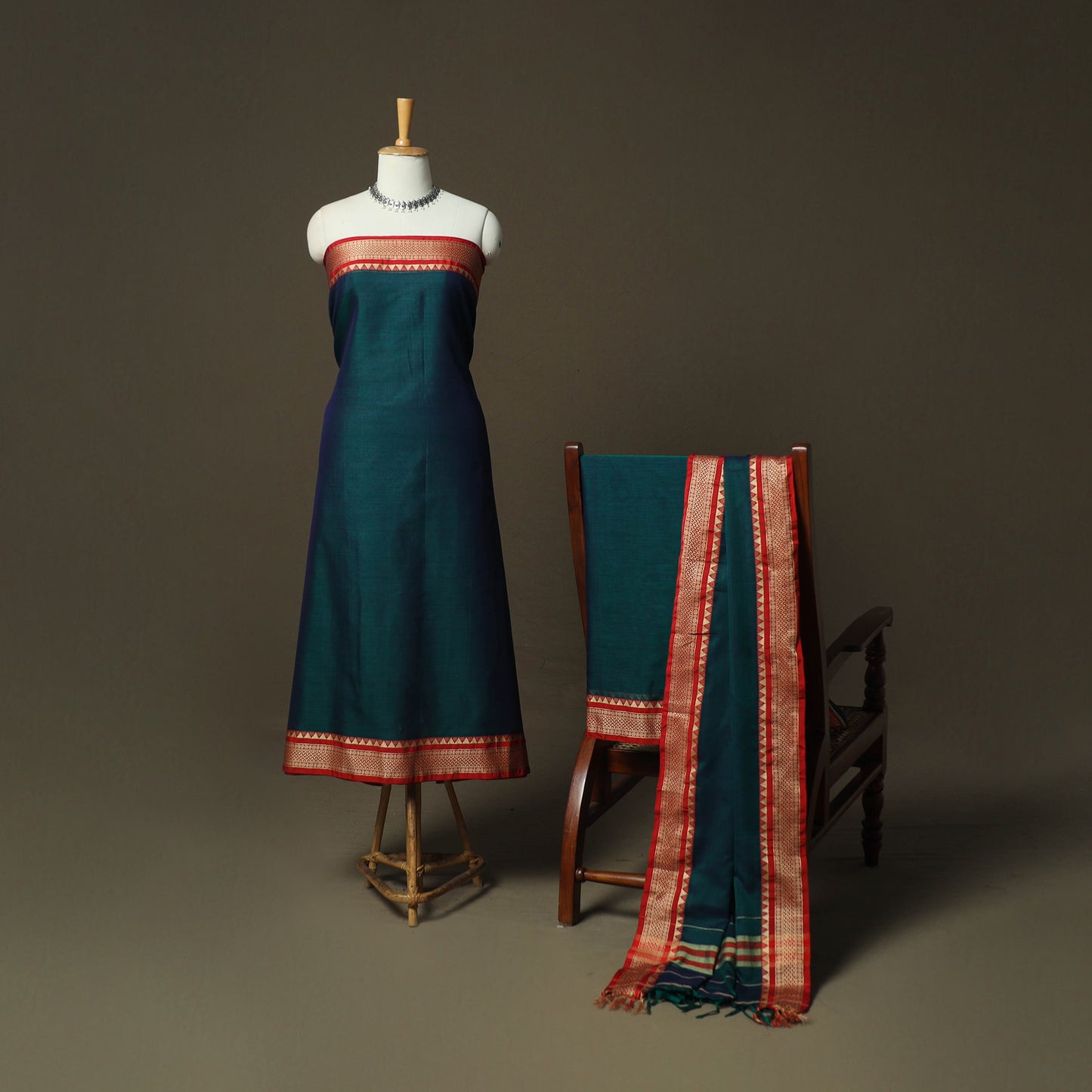 Green - Dharwad Woven Mercerised Cotton 3pc Unstitched Dress Material Suit Set 08