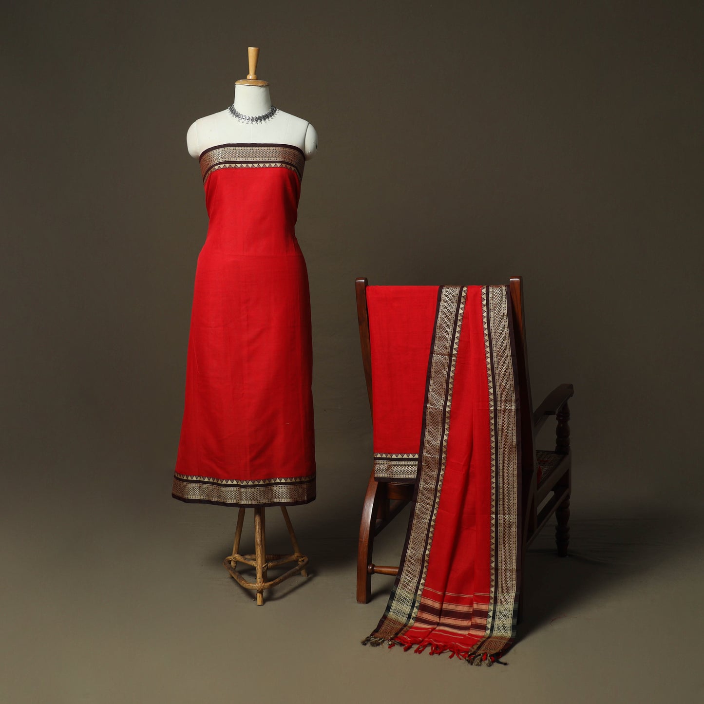 Red - Dharwad Woven Mercerised Cotton 3pc Unstitched Dress Material Suit Set 14