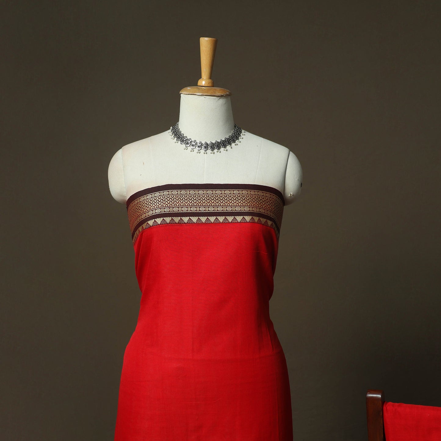 Red - Dharwad Woven Mercerised Cotton 3pc Unstitched Dress Material Suit Set 14