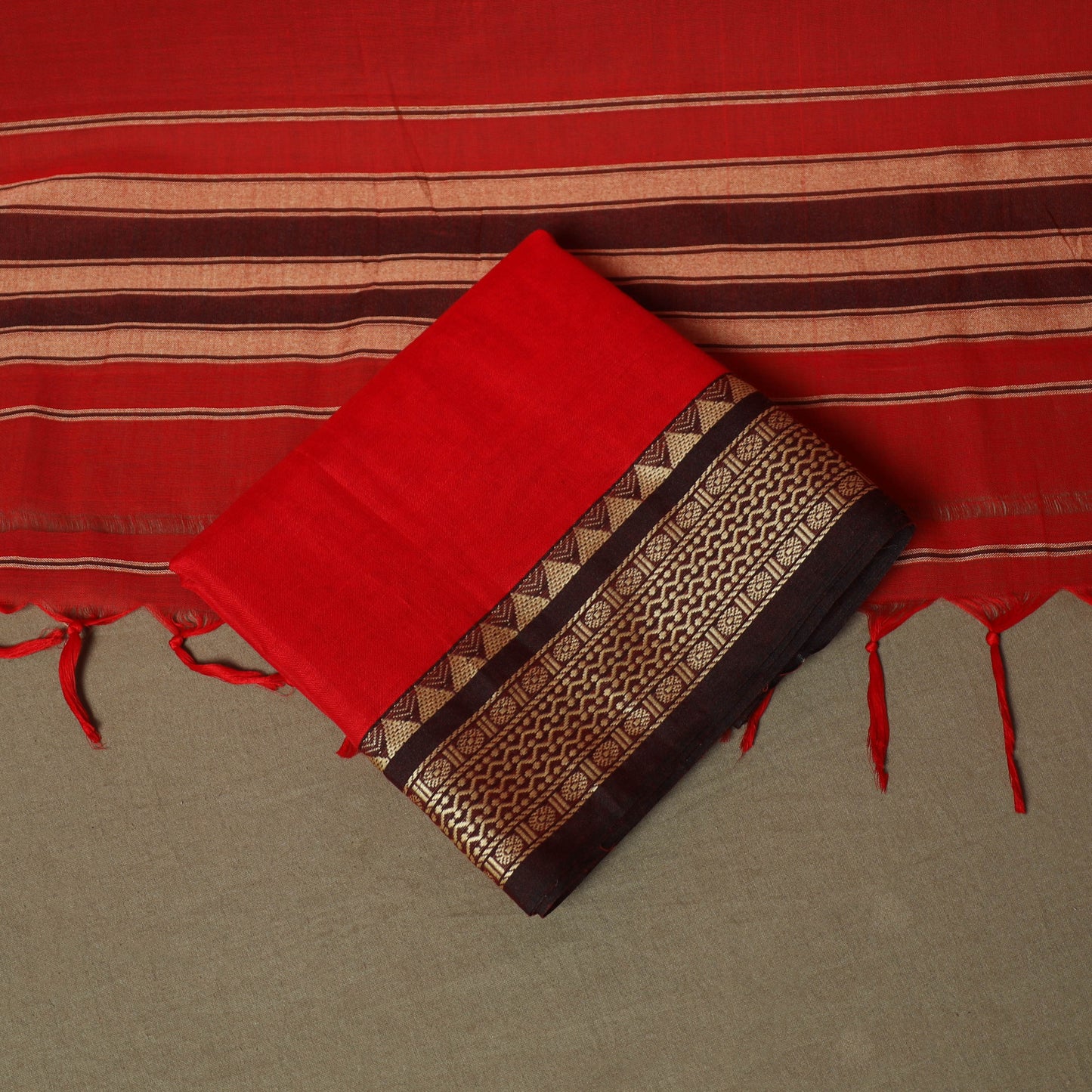 Red - Dharwad Woven Mercerised Cotton 3pc Unstitched Dress Material Suit Set 14