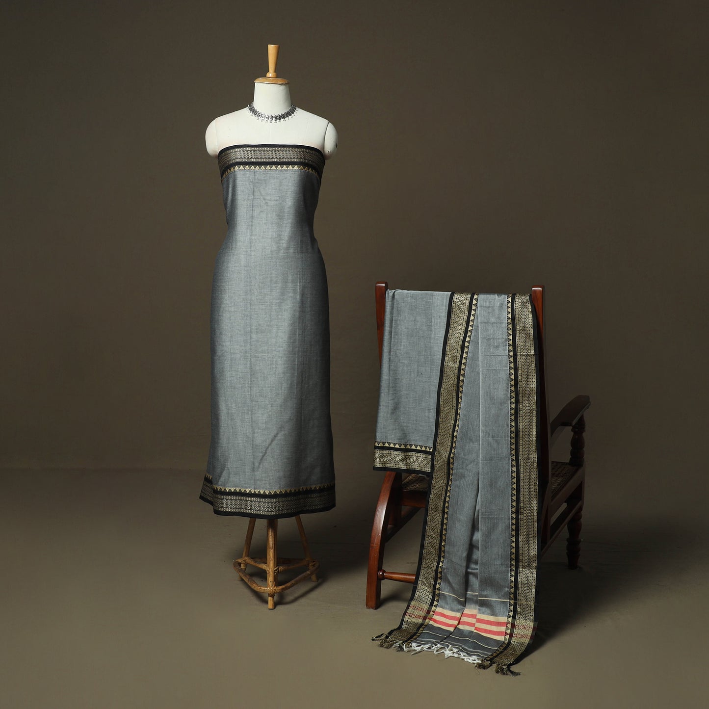 Grey - Dharwad Woven Mercerised Cotton 3pc Unstitched Dress Material Suit Set 16