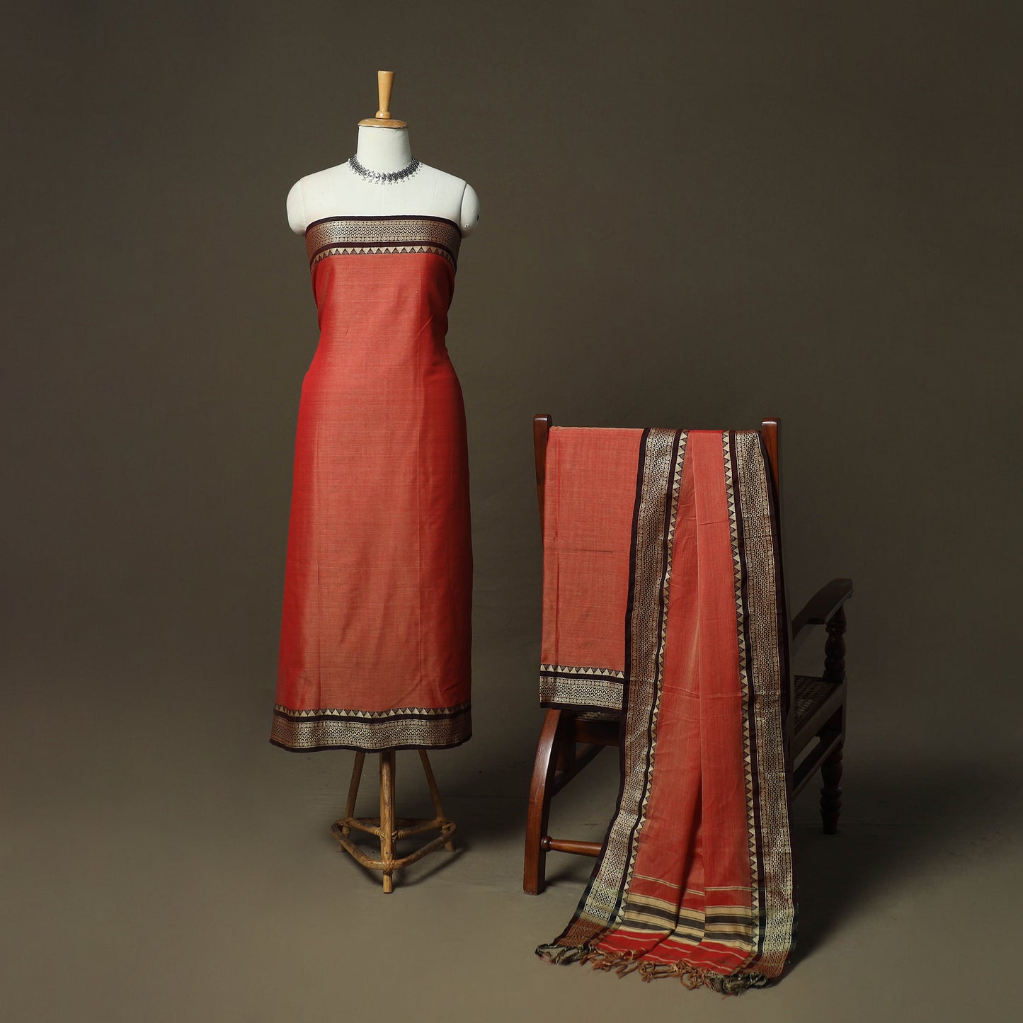 Orange - Dharwad Woven Mercerised Cotton 3pc Unstitched Dress Material Suit Set 19