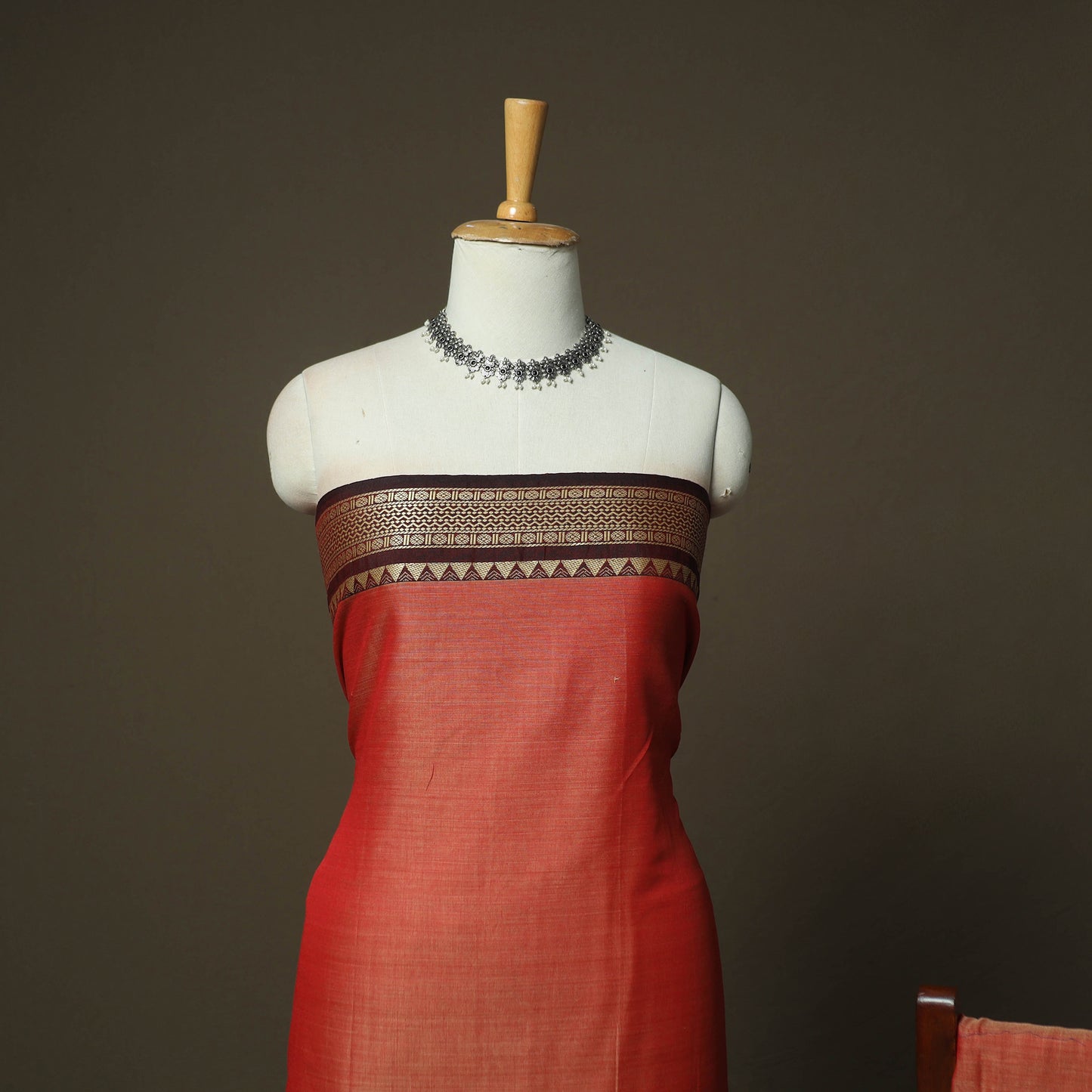Orange - Dharwad Woven Mercerised Cotton 3pc Unstitched Dress Material Suit Set 19
