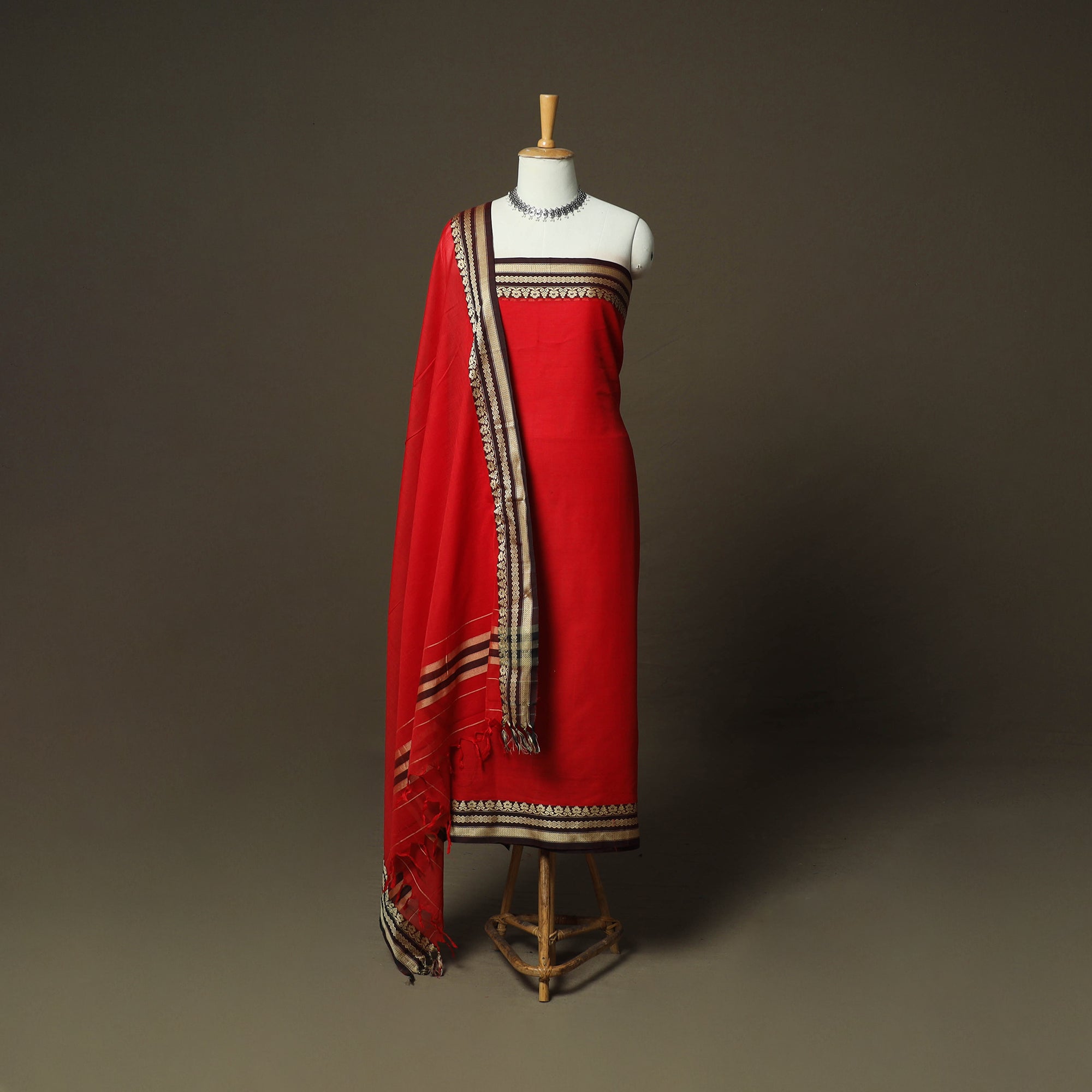 Red Dharwad Woven Mercerised Cotton 3pc Unstitched Dress Material Suit Set