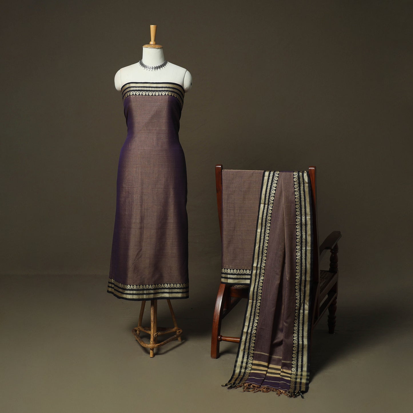 Brown - Dharwad Woven Mercerised Cotton 3pc Unstitched Dress Material Suit Set 21
