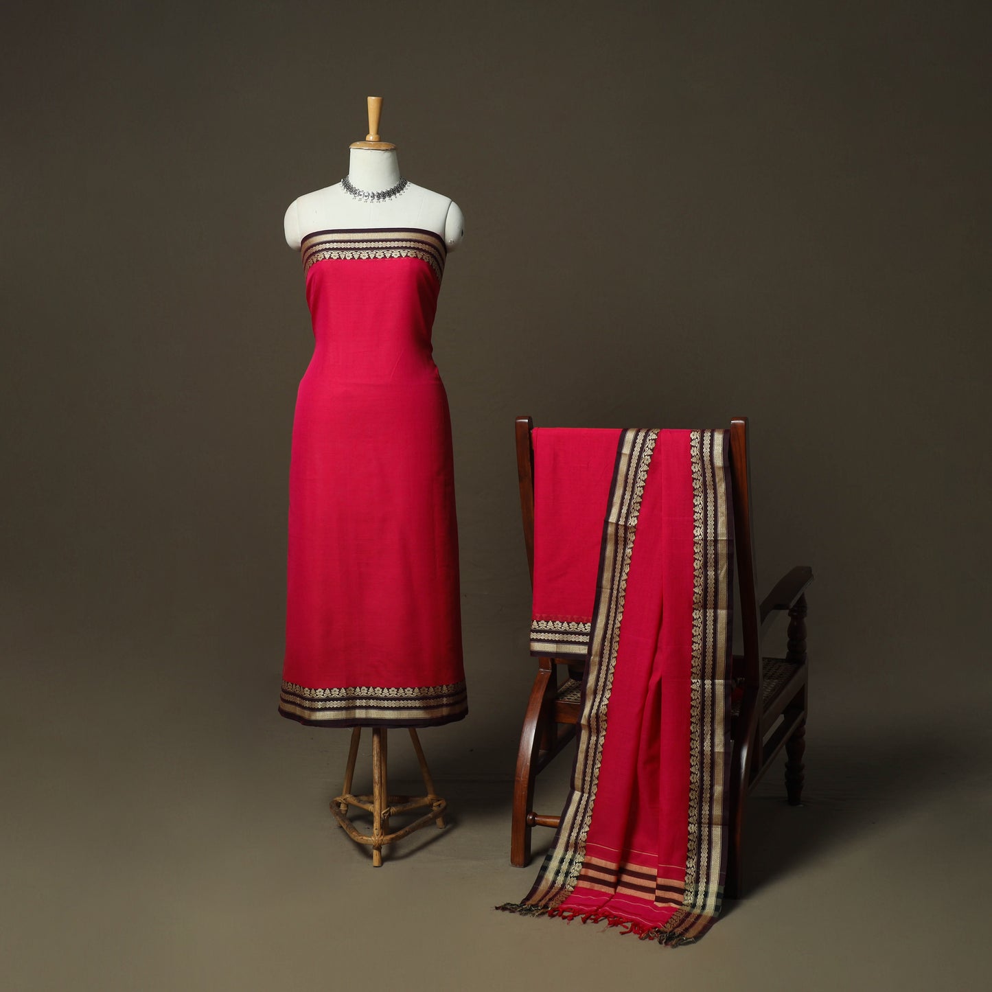 Red - Dharwad Woven Mercerised Cotton 3pc Unstitched Dress Material Suit Set 23