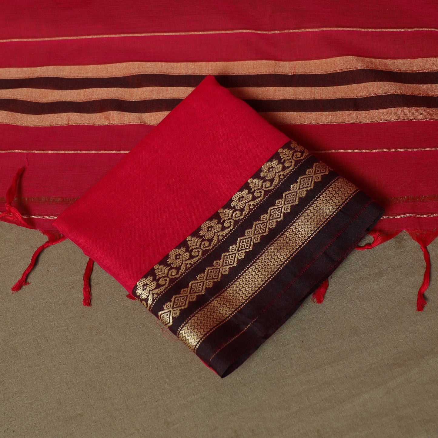 Red - Dharwad Woven Mercerised Cotton 3pc Unstitched Dress Material Suit Set 23