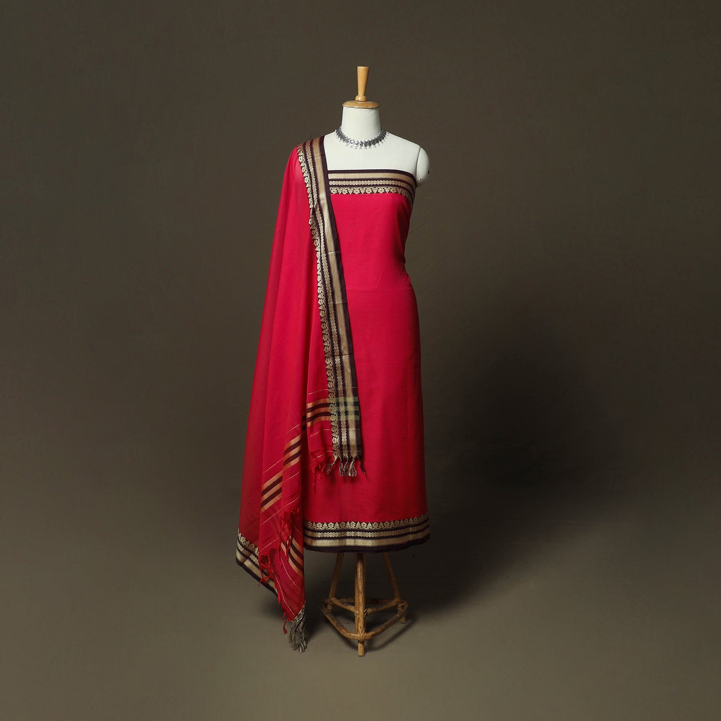 Red - Dharwad Woven Mercerised Cotton 3pc Unstitched Dress Material Suit Set 23