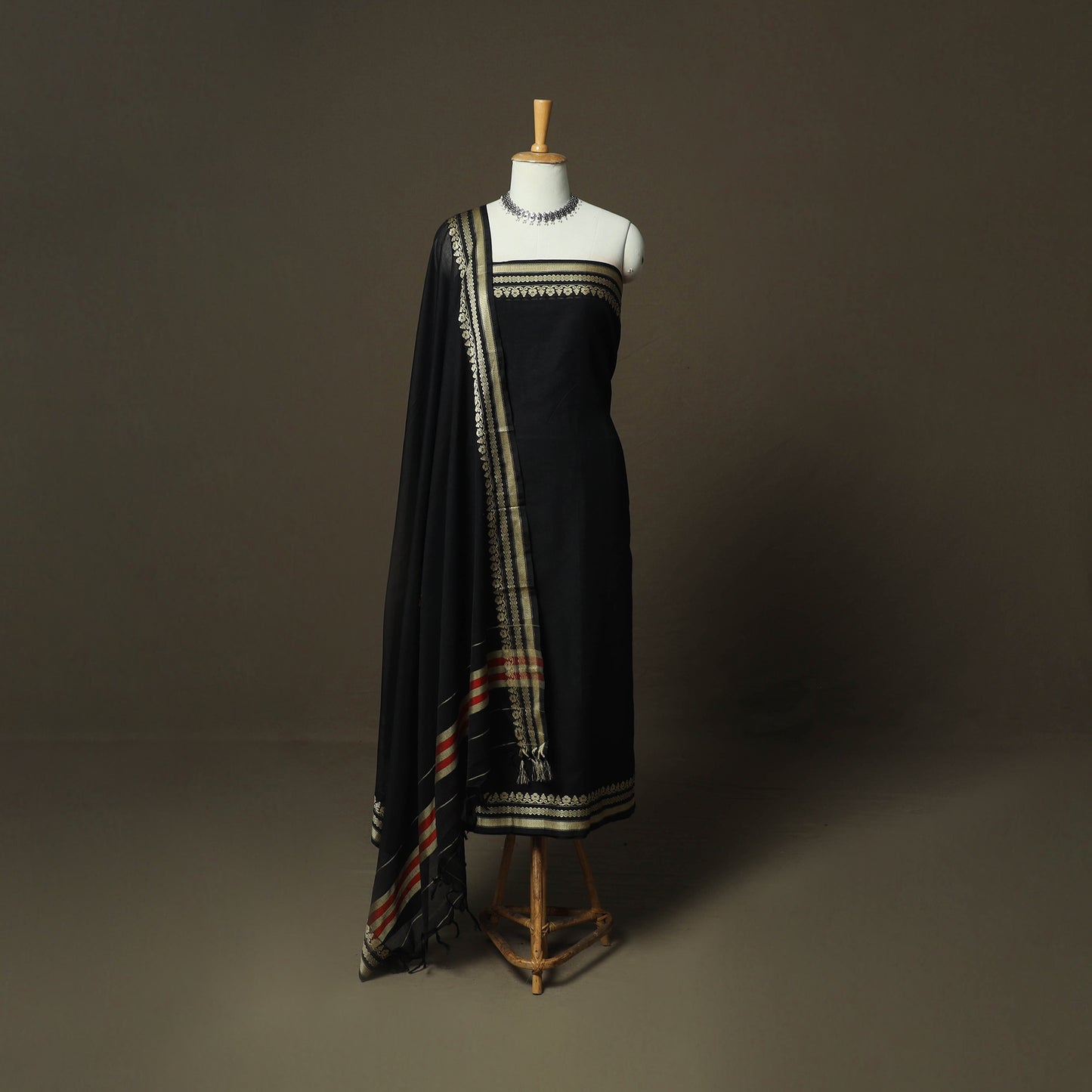 Black - Dharwad Woven Mercerised Cotton 3pc Unstitched Dress Material Suit Set 24