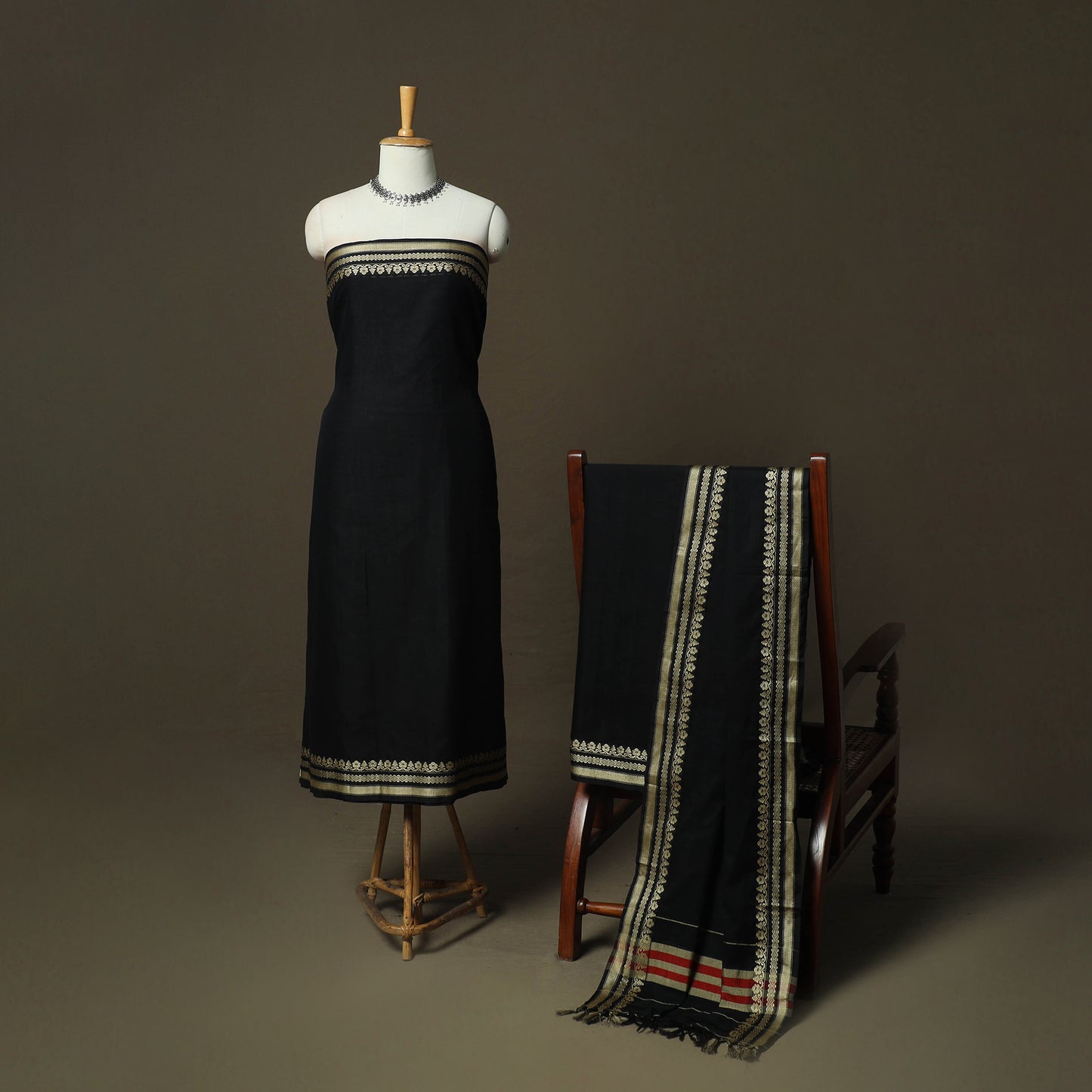 Black - Dharwad Woven Mercerised Cotton 3pc Unstitched Dress Material Suit Set 24