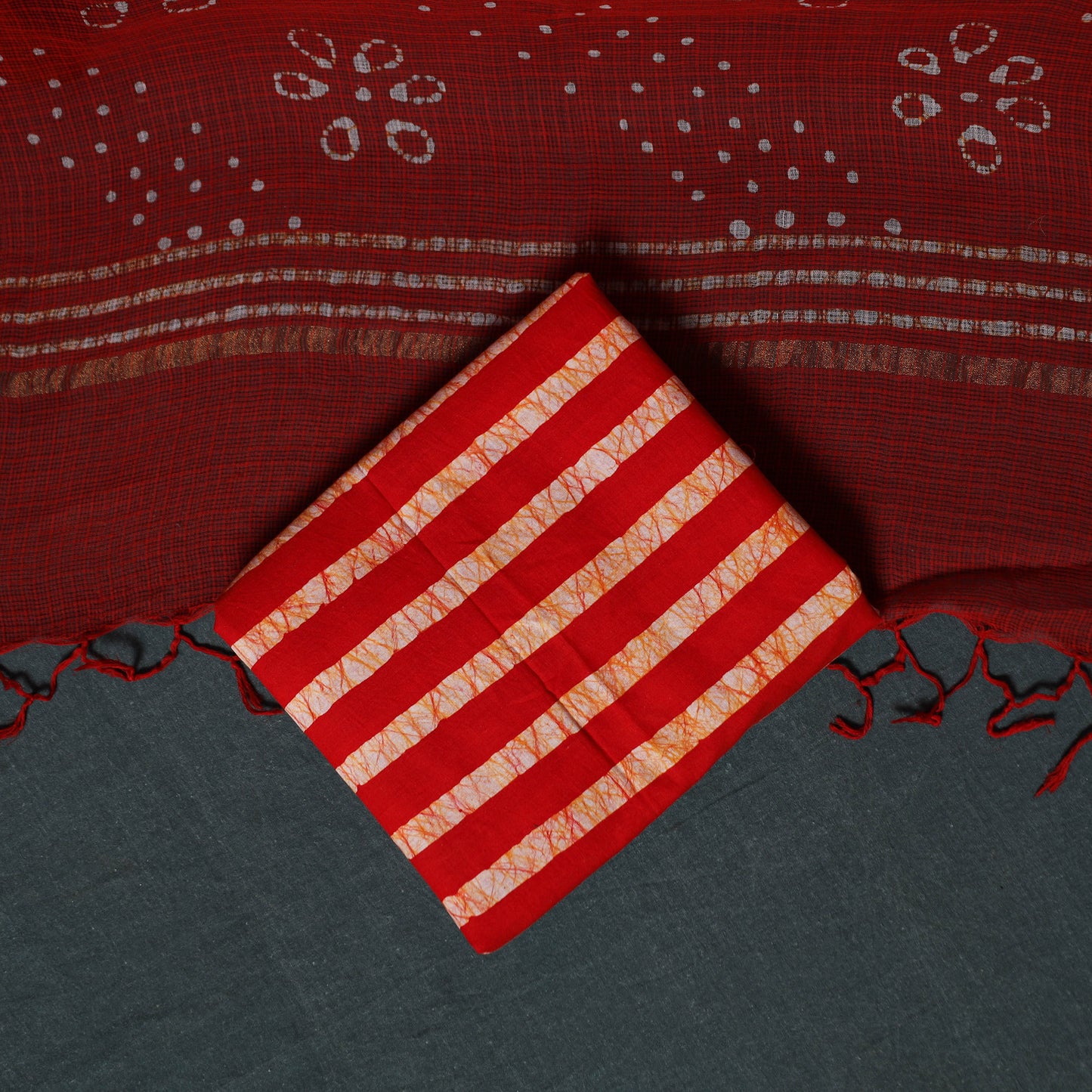 Kutch Hand Block Batik Print Kota Doria Cotton 3pc Unstitched Dress Material Suit Set 02