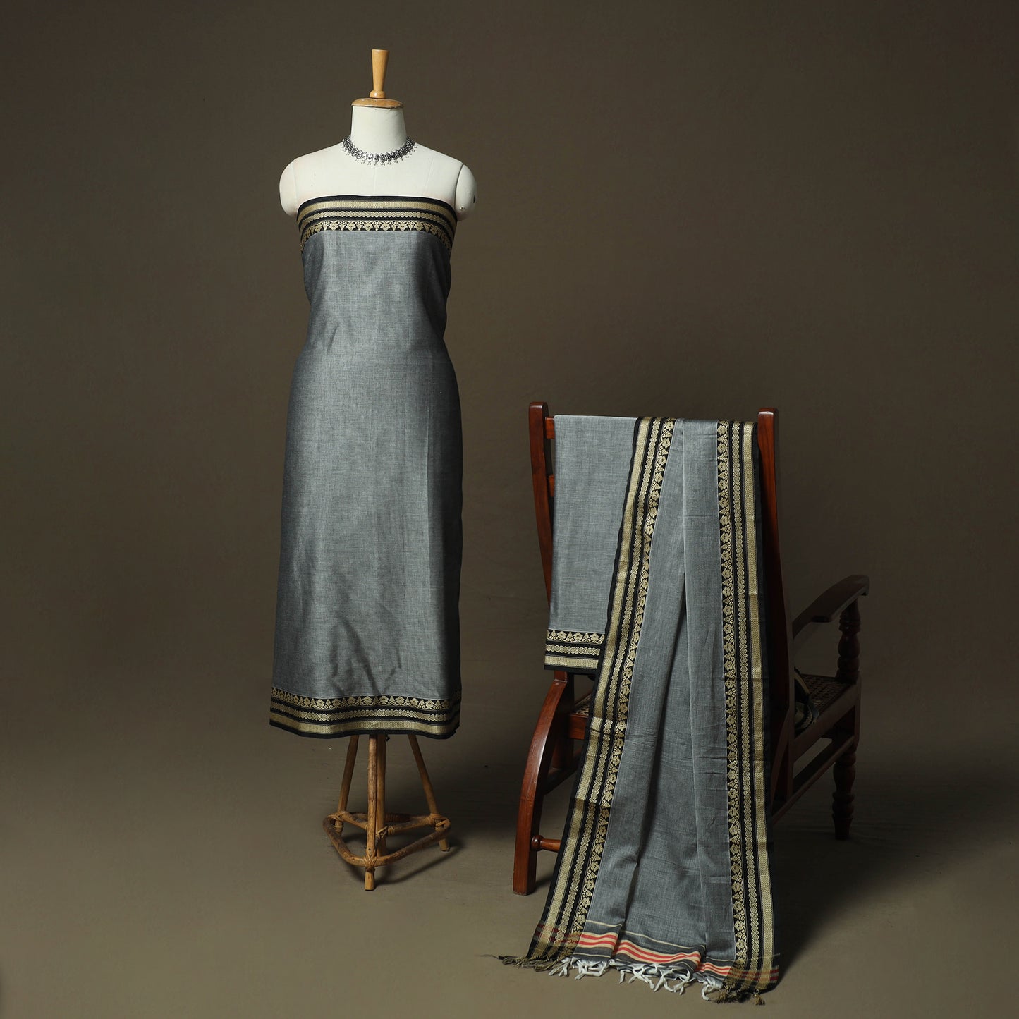 Grey - Dharwad Woven Mercerised Cotton 3pc Unstitched Dress Material Suit Set 26