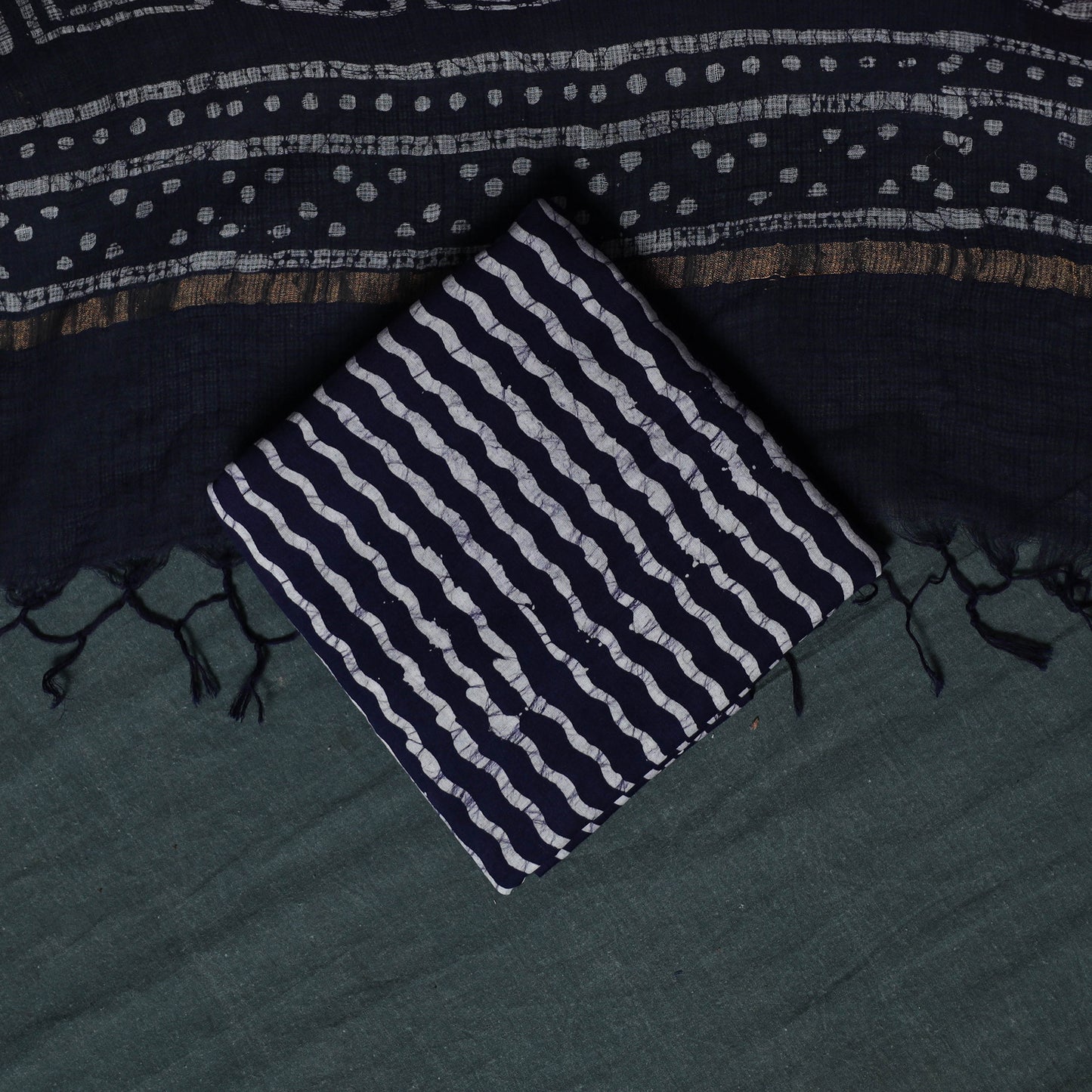 Kutch Hand Block Batik Print Kota Doria Cotton 3pc Unstitched Dress Material Suit Set 05