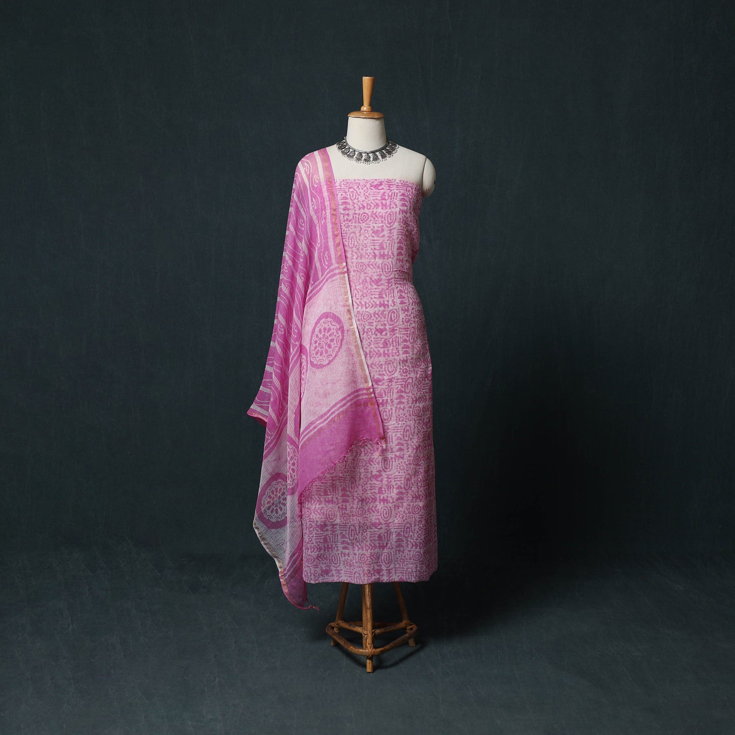 Kutch Hand Block Batik Print Kota Doria Cotton 3pc Unstitched Dress Material Suit Set 06